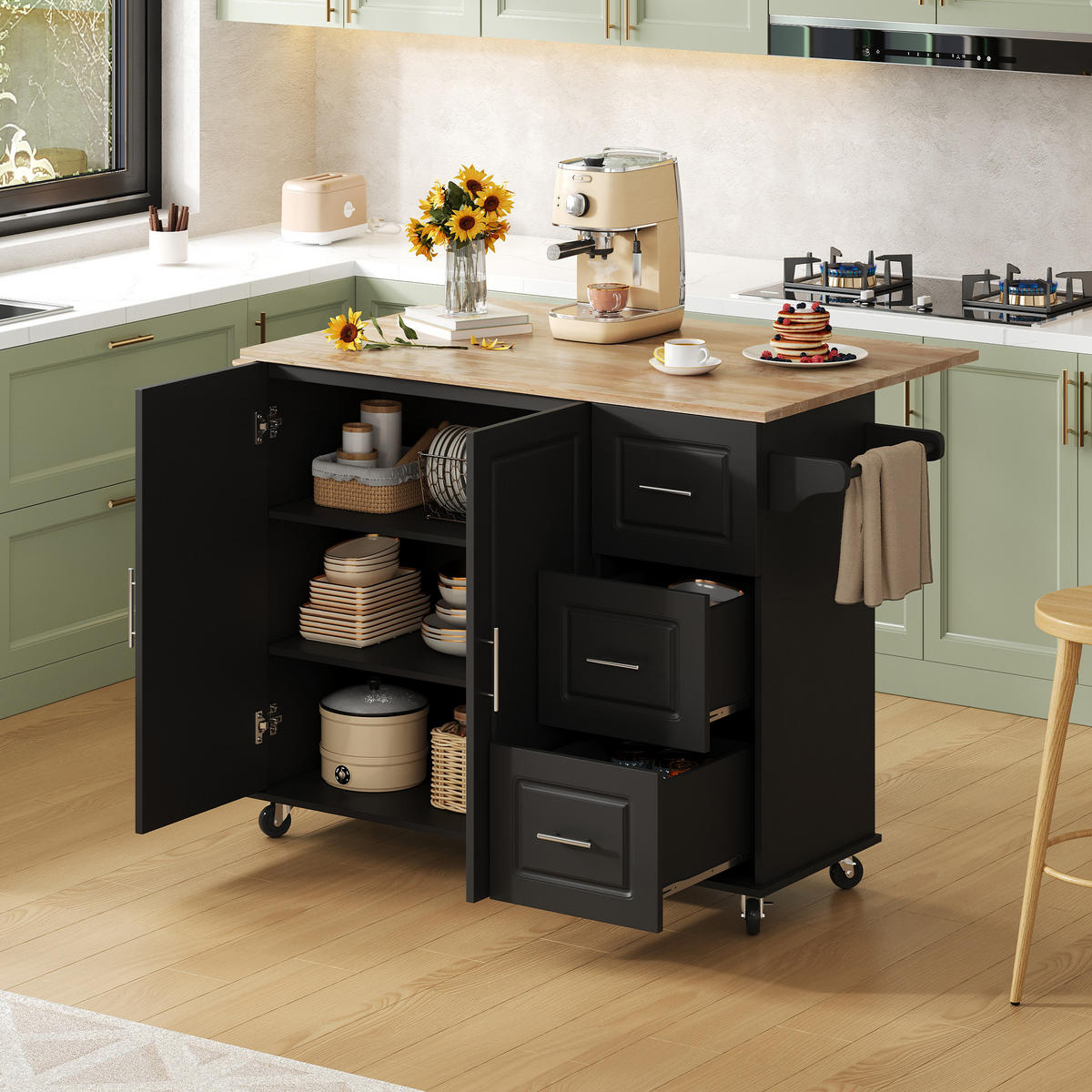 KÜCHENINSEL 137x76x92cm Schwarz mit Klappplatte, Schrank, 3 Schubladen & Rollen - Schwarz, Holzwerkstoff (137/92/76cm) - Modfu