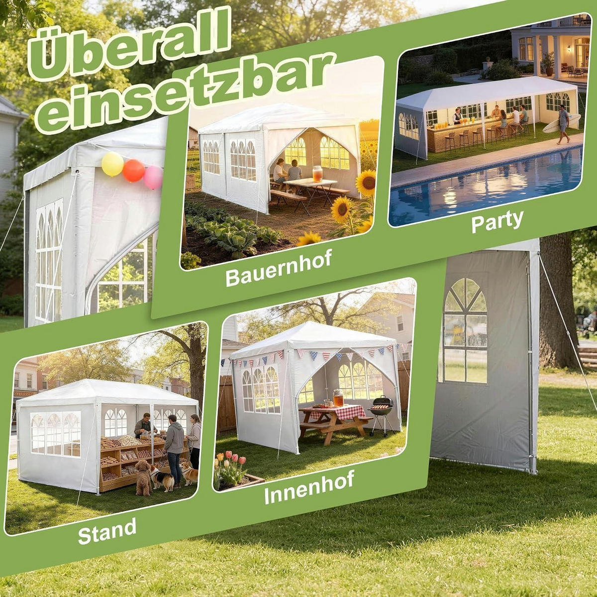 GARTENZELT 3 x 6 m Wasserdicht mit 6 Seitenwänden Weiß - Weiß, Textil (600/250/300cm)