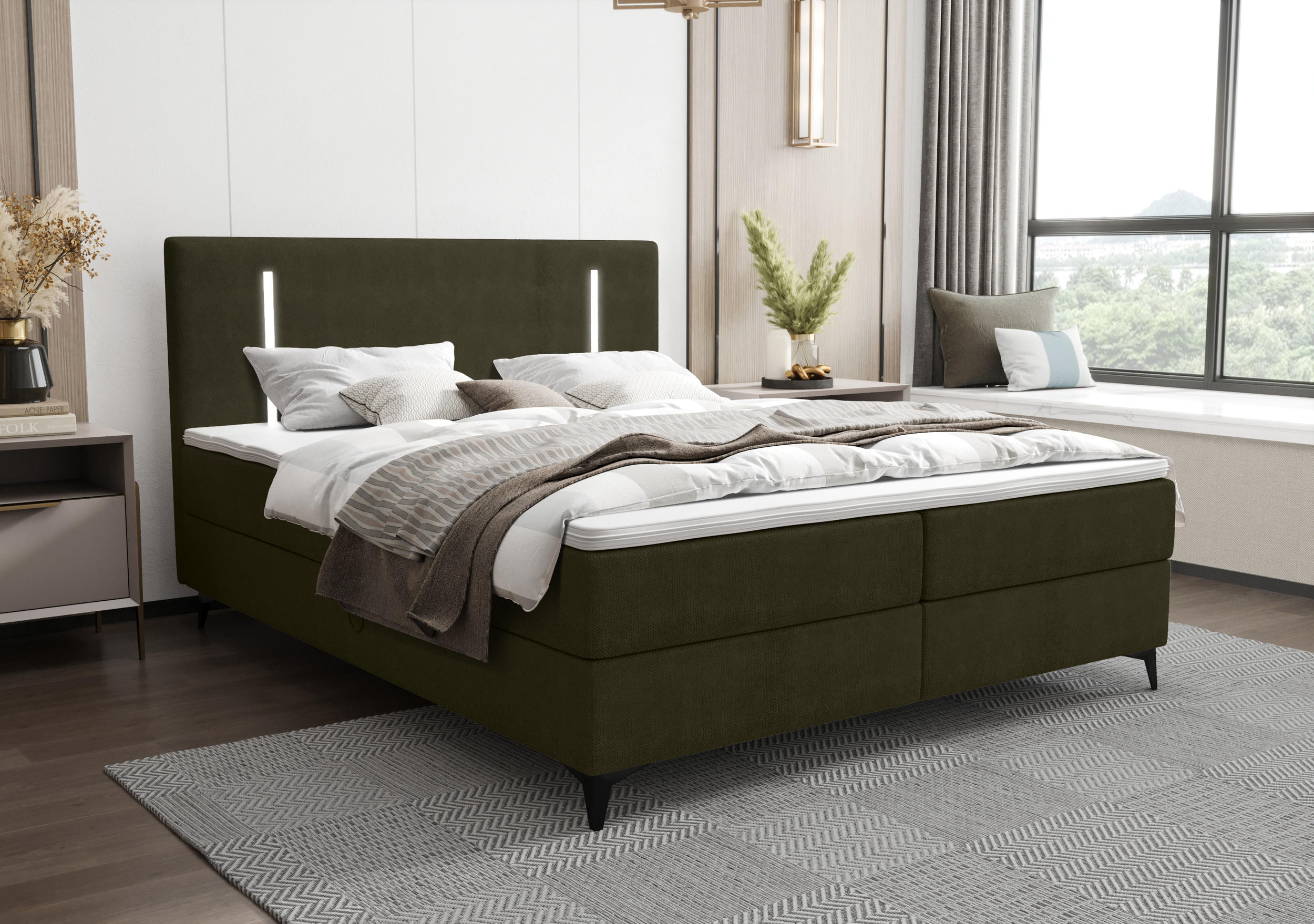 BOXBETT ONO mit Matratze H3, Bonell und Topper 140x200 CURIO 39 - Grün, Textil (140/200cm) - Bedante