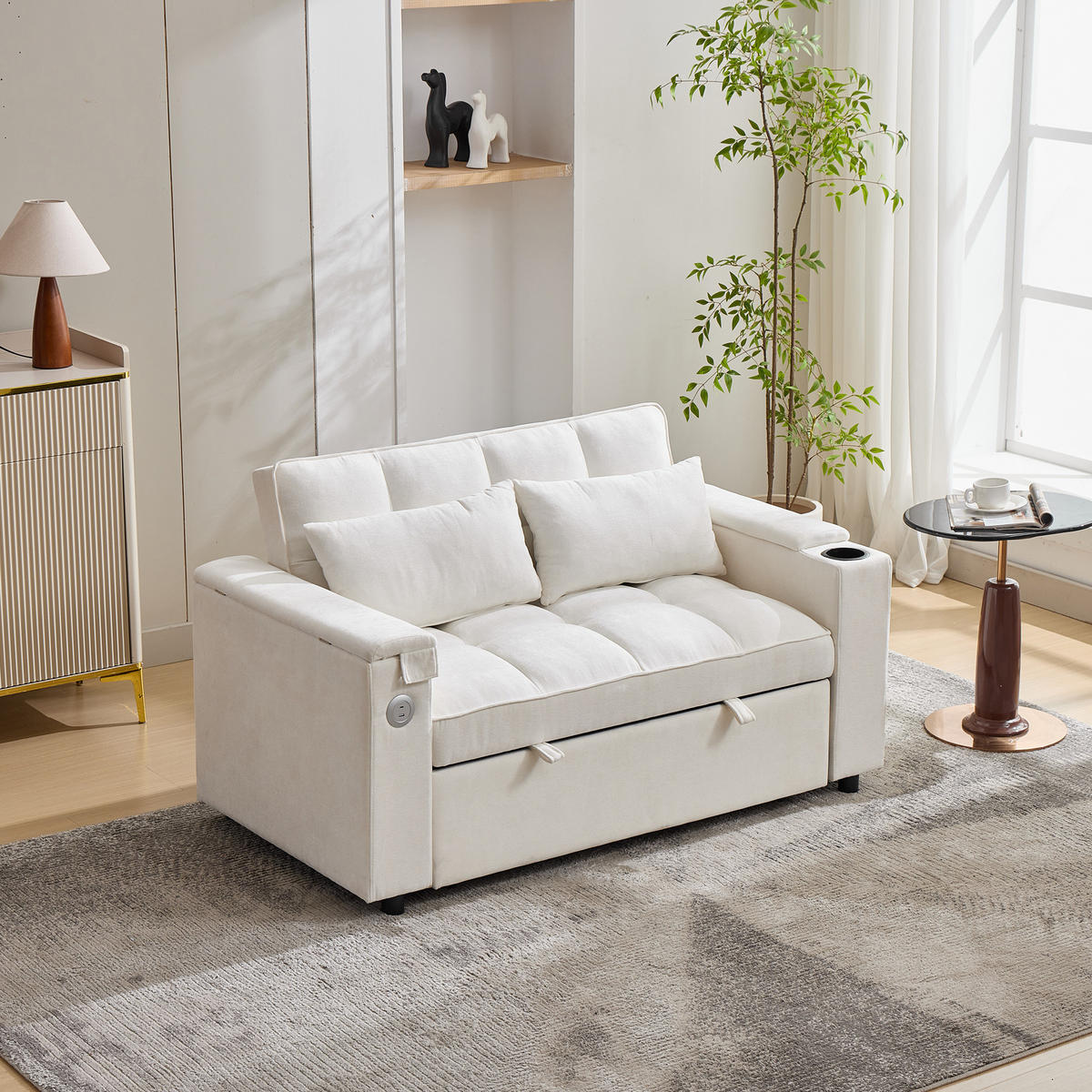 SOFA 3-in-1 Schlafsofa 2-Sitzer USB Ausziehbar Daybed Beige - Beige, Textil (140.5/82/74cm) - FLIEKS