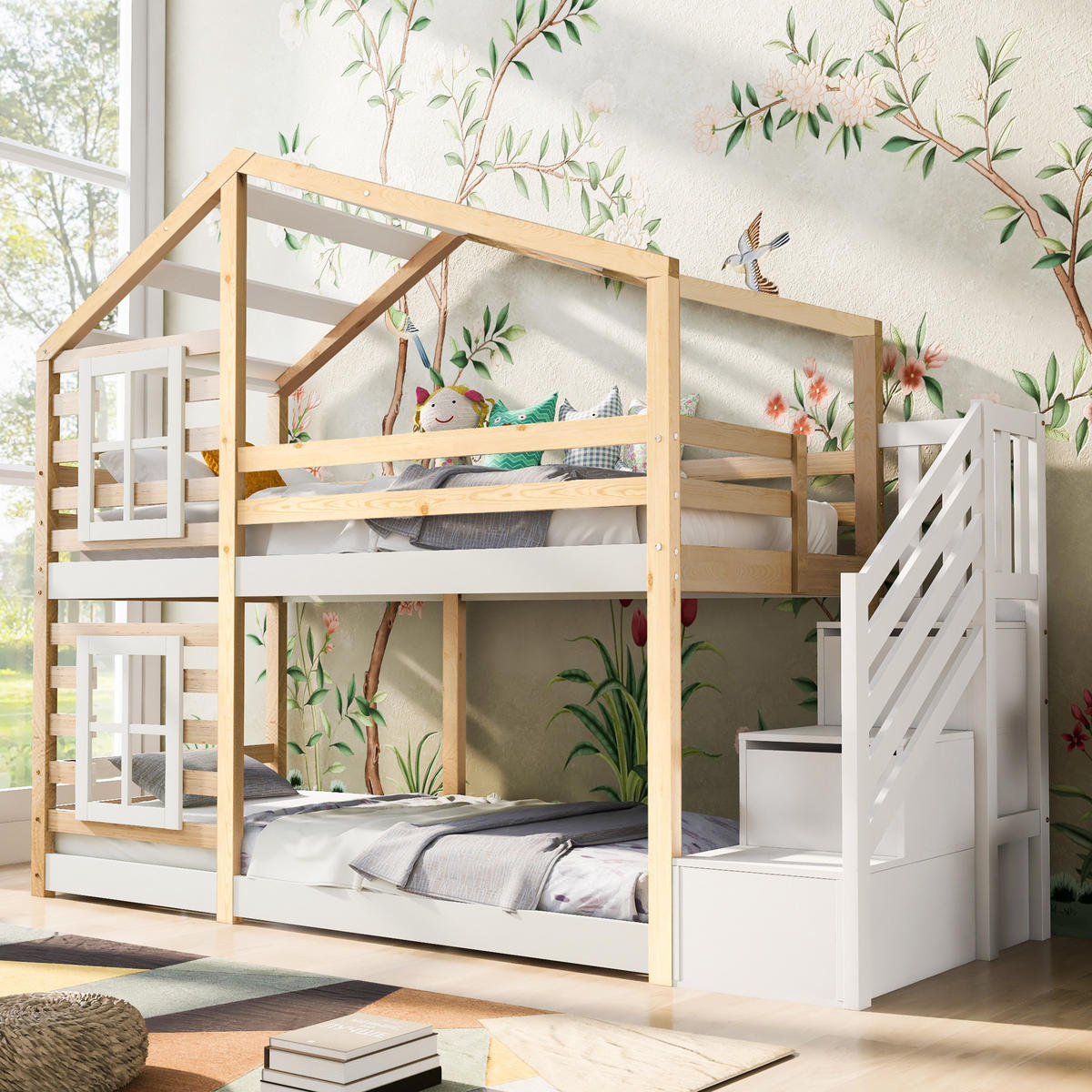 ETAGENBETT Baumhaus 90/200 cm mit Stauraum, Rausfallschutz und Treppenschrank - Naturfarben, Holzwerkstoff (90/200cm) - BEAOK