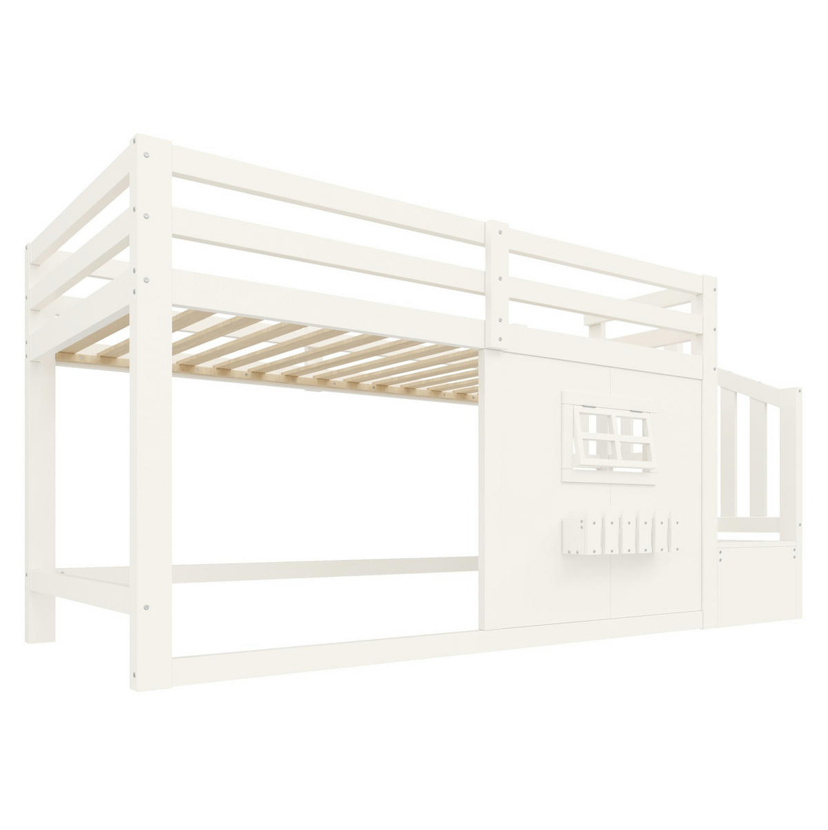 HOCHBETT aus Kiefernholz und MDF 90x200 cm Weiß mit Stauraumtreppe, Fenster und LED-Beleuchtung - Weiß, Holzwerkstoff (90/200cm) - Modfu
