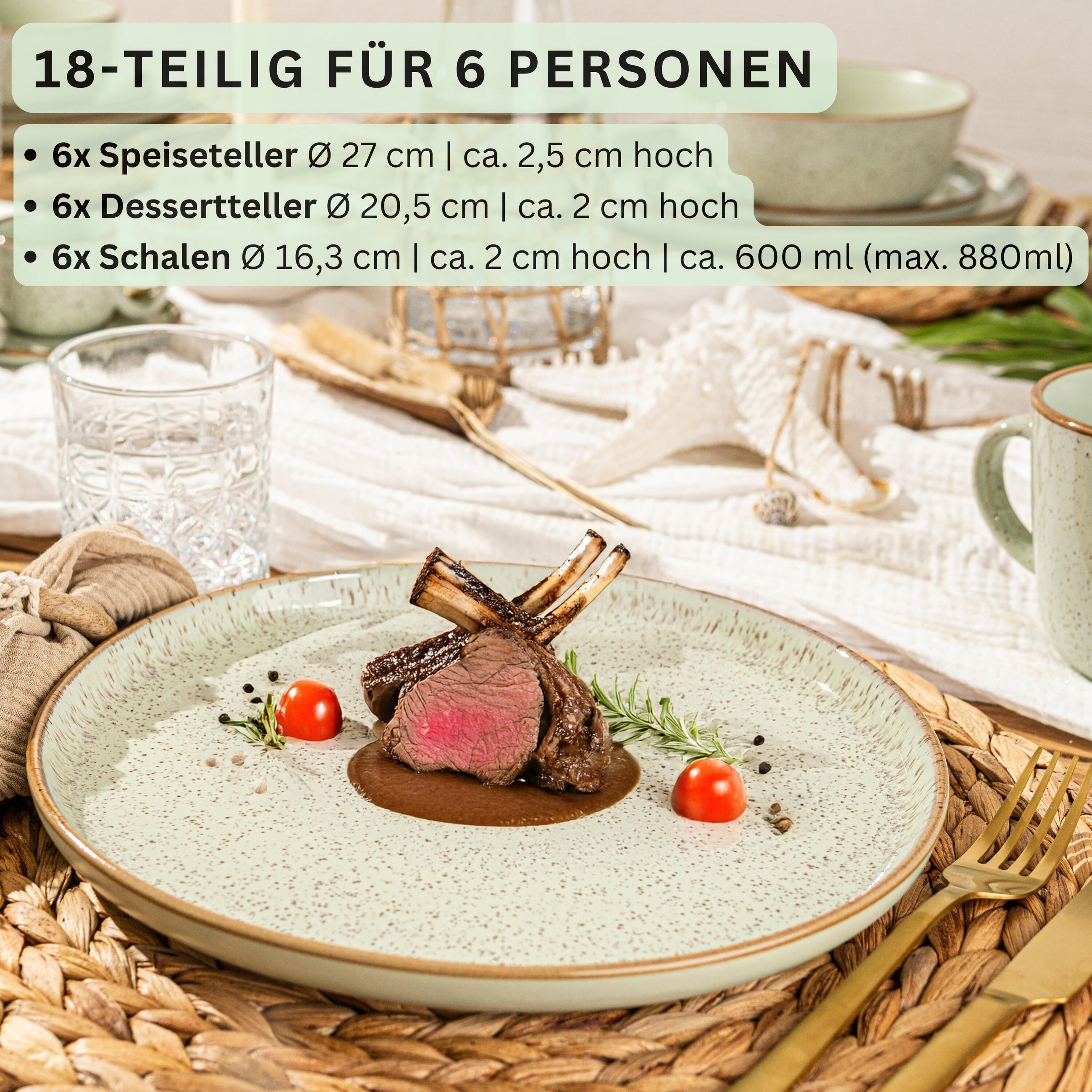 TAFELSERVICE RIO MINZE - 18 teilig aus Steingut - Salbeigrün, Stein (27/6.6/27cm) - Sänger