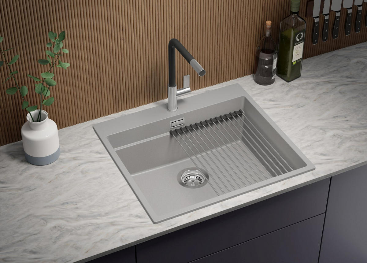 GRANITSPÜLE Oslo Max, 2-er set Grau 58/53 cm 1 Becken + Küchenarmatur 38/14 cm + Ablauf-Set + Aufrollbare Abtropffläche ab 60er Unterschrank - Chromfarben/Grau, Kunststoff (58/20/53cm) - Primagran