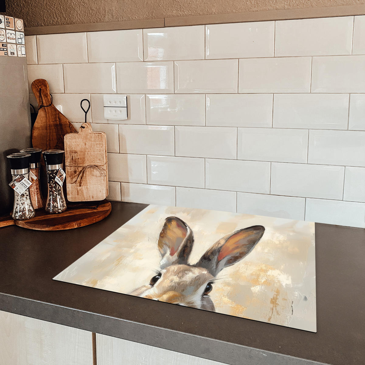 HERDABDECKPLATTE Hase - Ohren - Braun Herdabdeckung Induktionsfeld 60x52 cm - Beige, Kunststoff (60/52/0.2cm) - MuchoWow