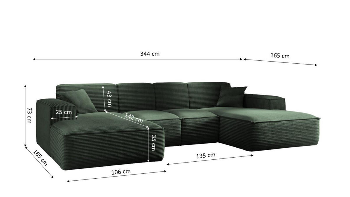 ECKSOFA, Eckcouch U form, Wohnzimmer Couch Large 342cm SIENA stoff Poso Grün - Grün, Holz/Textil (344/165cm) - Kaiser Möbel