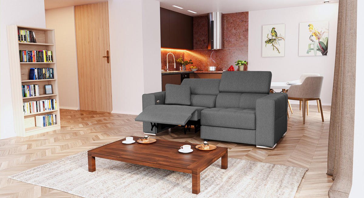 SOFA QUARTZ 3-Sitzer mit 1 Relaxfunktion, dunkelgrau - Dunkelgrau/Silberfarben, Holzwerkstoff/Textil (204/80/102cm) - Courtois Laville