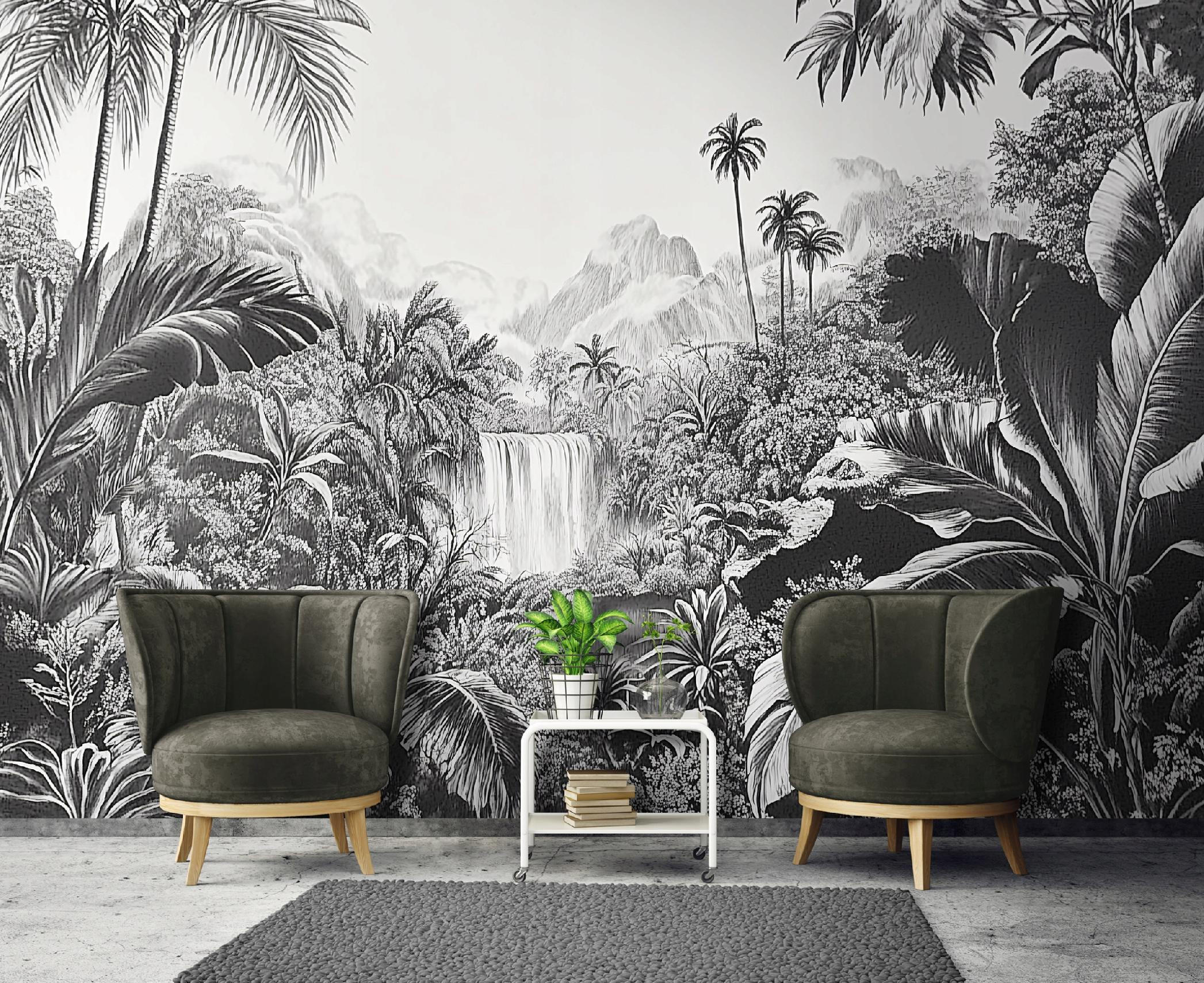 FOTOTAPETE Dschungel Wald Schwarz Weiß Tapete Wohnzimmer Schlafzimmer 350x250 - Grau, Papier (350/250cm) - Wallarena
