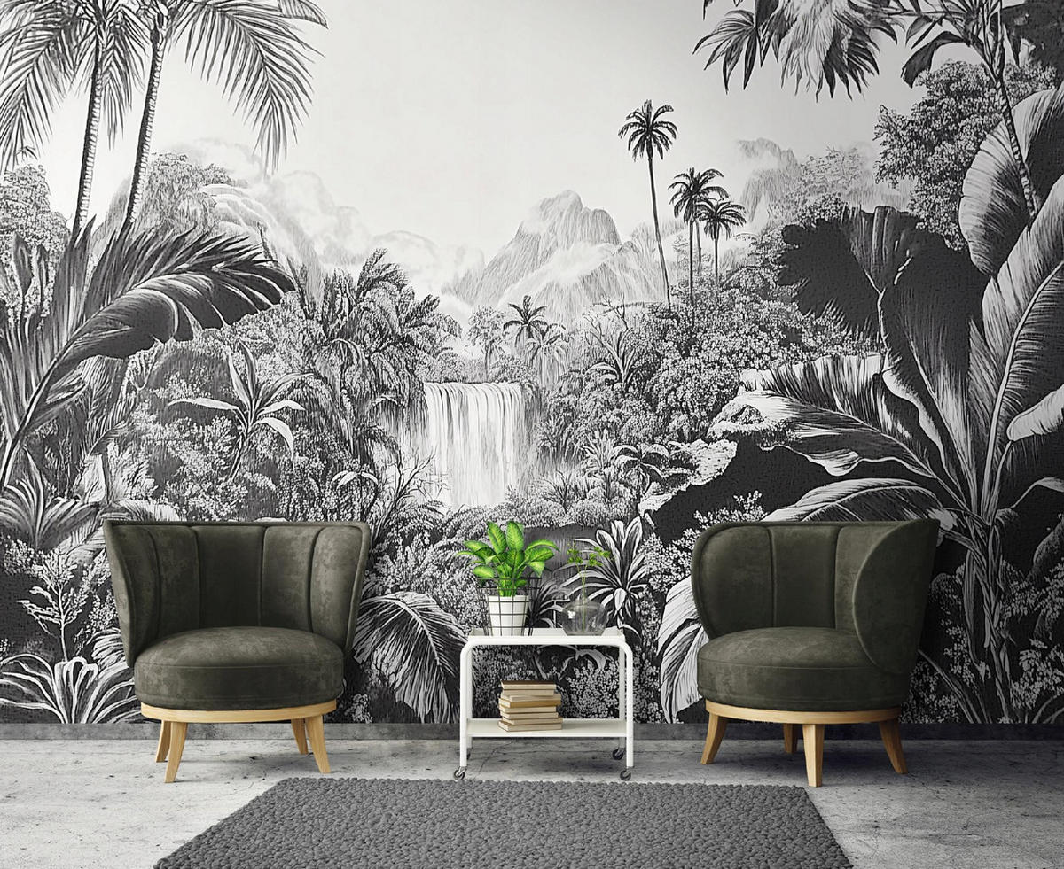 FOTOTAPETE Dschungel Wald Schwarz Weiß Tapete Wohnzimmer Schlafzimmer 350x250 - Grau, Papier (350/250cm) - Wallarena