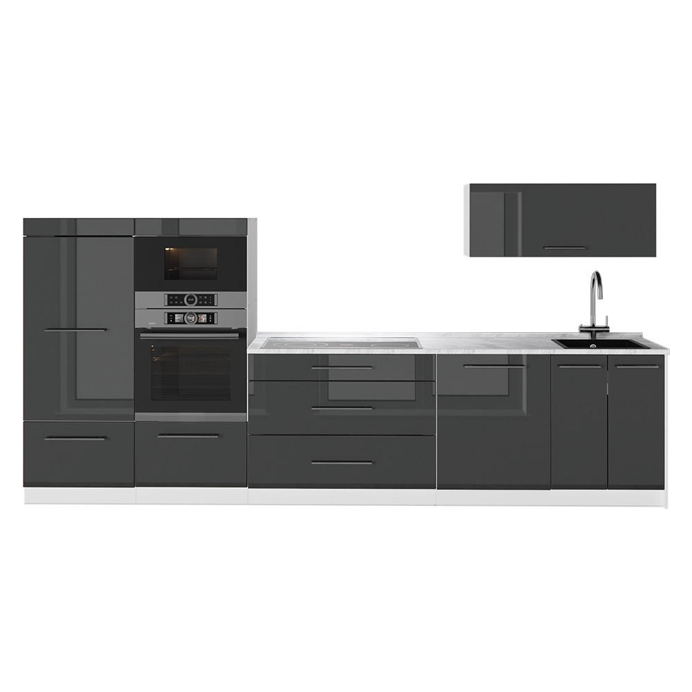 KÜCHENZEILE Fame-Line, Anthrazit Hochglanz/Weiß, 340 cm ohne Arbeitsplatte - Schwarz Hochglanz/Weiß, Holzwerkstoff (340/153.6/51.6cm) - Vicco