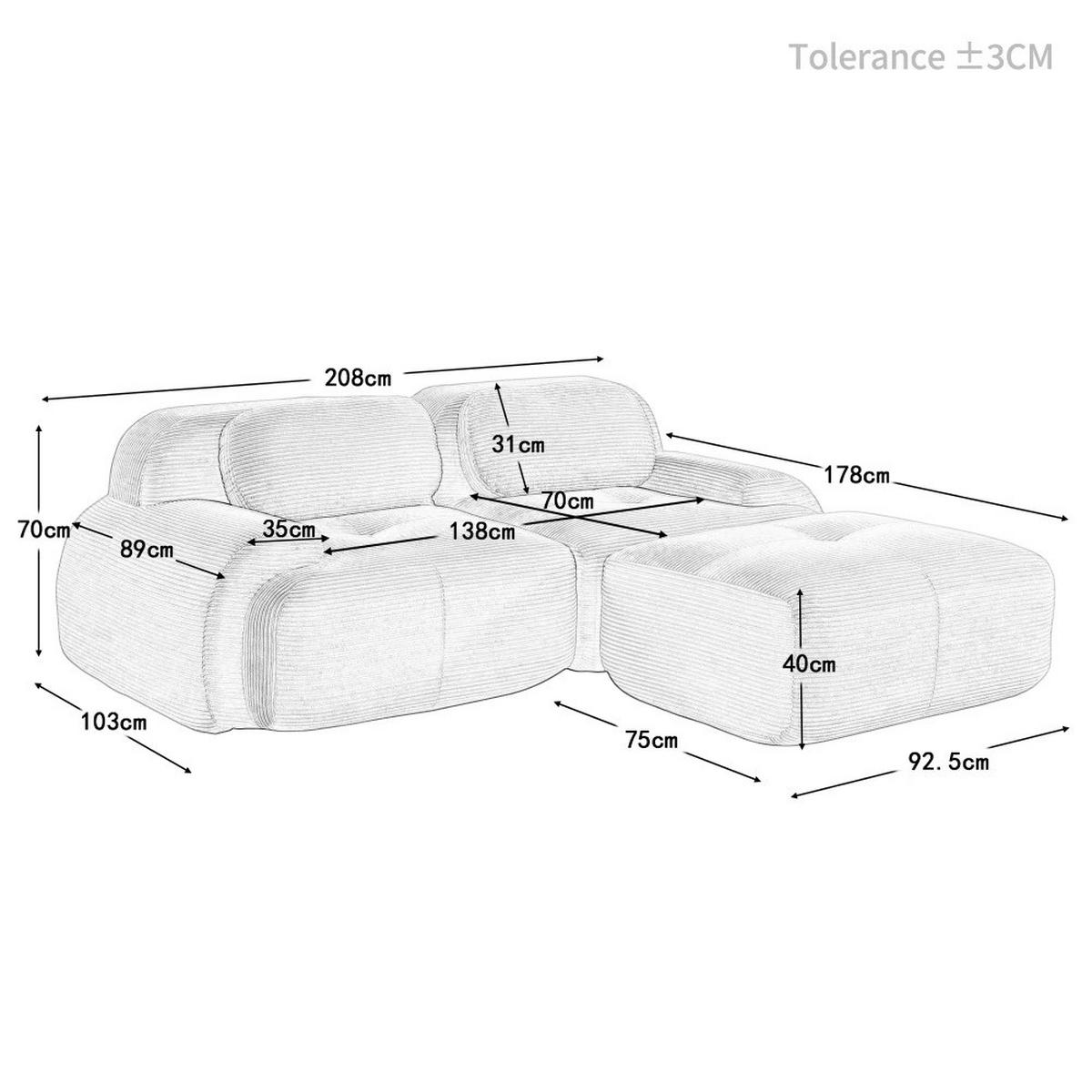 ECKSOFA aus weichem Kordelstoff, modular kombiniert mit gebogenen Armlehnen, Grau - Grau, Textil (208/70/178cm) - Kaket