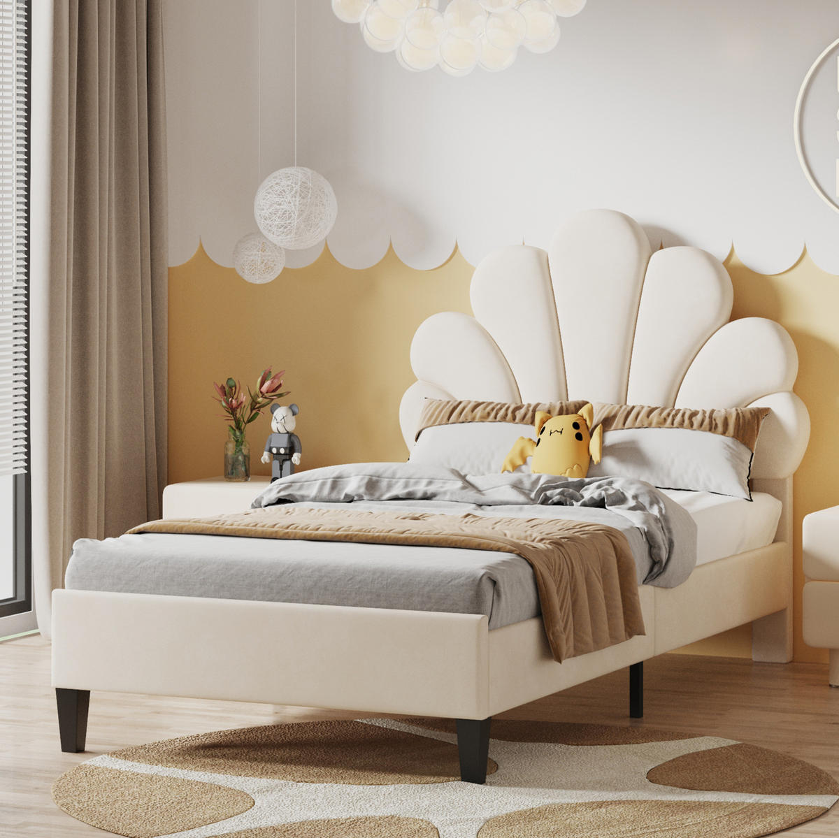 POLSTERBETT 90/200 cm Beige mit Blumen-Kopfteil und Lattenrost - Beige, Textil (90/200cm) - Flora Grace