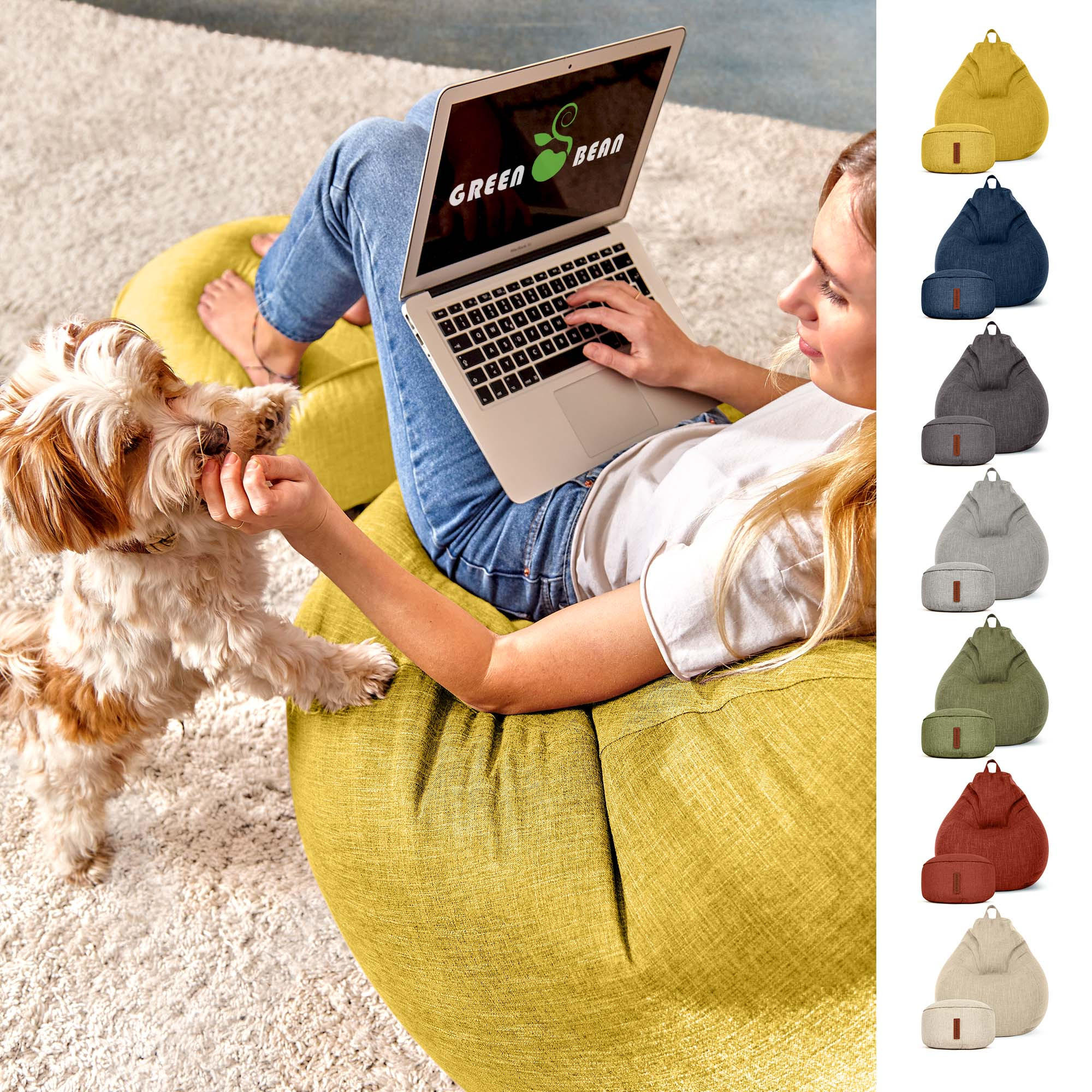 SITZSACK Indoor Set "Home Linen“+Hocker - Gelb, Textil (80/90/50cm) - Green Bean