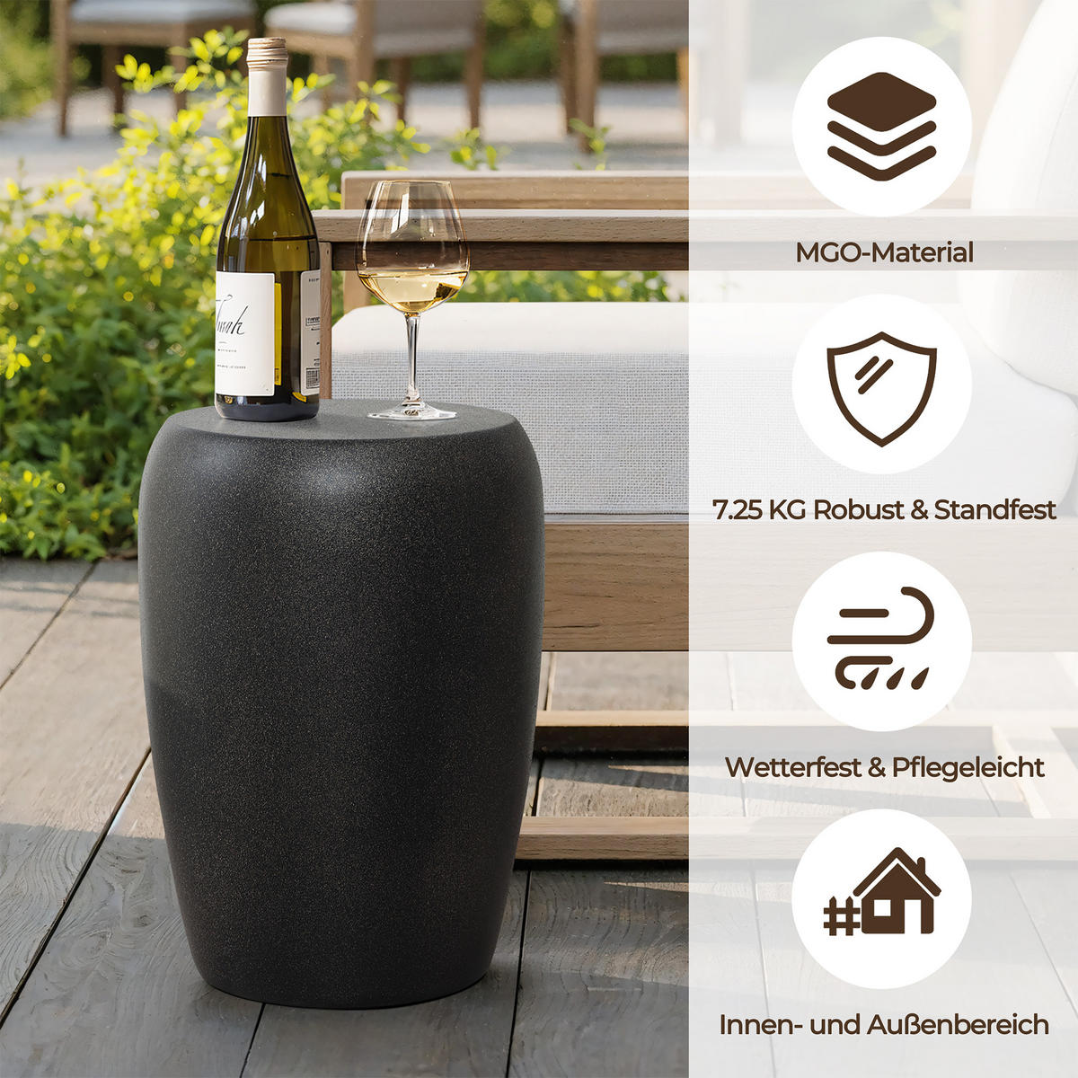 BEISTELLTISCH für den Außenbereich, 50 cm, rund, Struktur aus Zement im Travertin-Stil - Schwarz Hochglanz, Kunststoff (35/35/49.5cm) - Hometopia