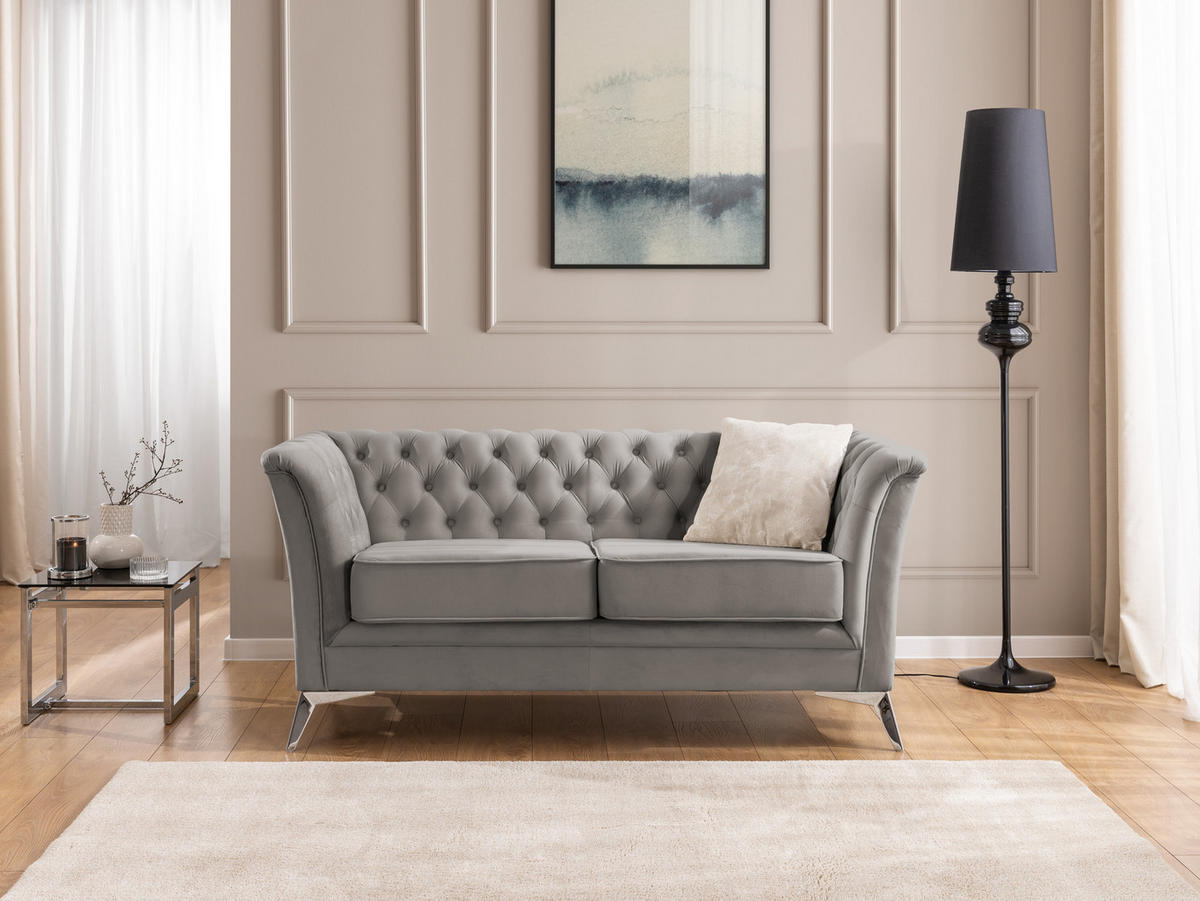 SITZGARNITUR 3+2 Chesterfield Whitby Grau Samt mit silbernen Füßen - Silberfarben/Grau, Holz/Textil (237/78/82cm) - S-Style Möbel