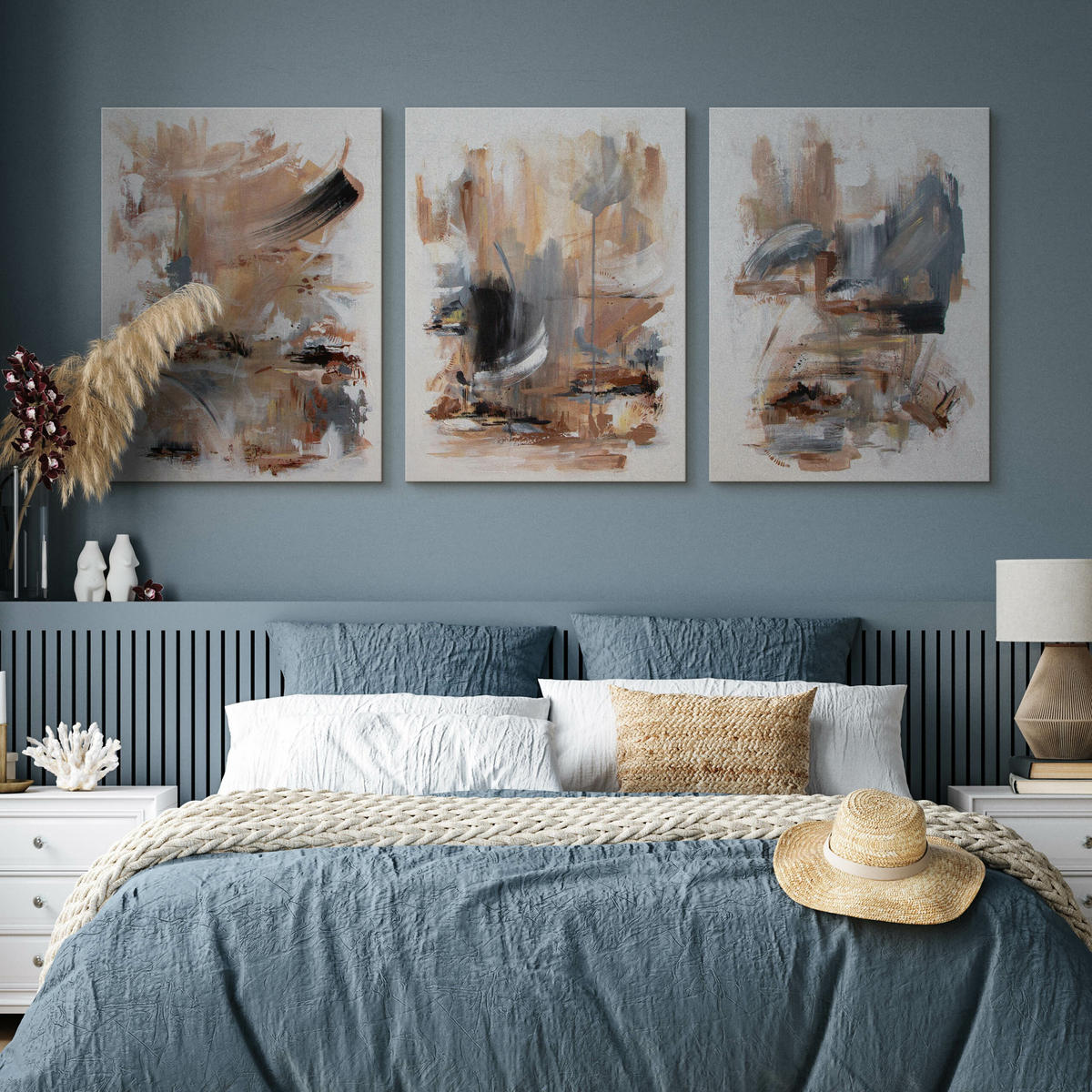 LEINWANDBILDER 3-es Set Moderne Kunst - Blau/Beige, Textil (90/40cm) - Muralo