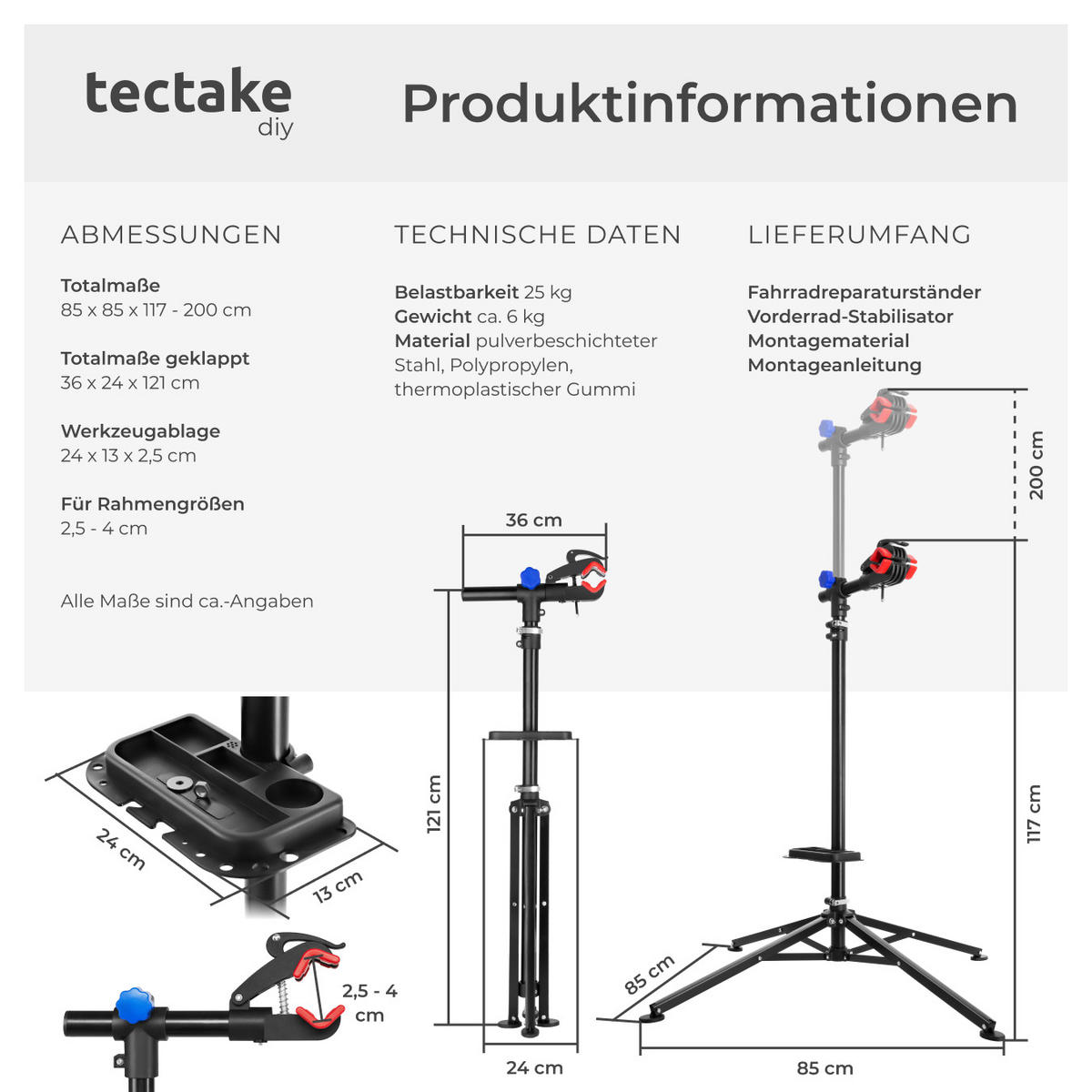 FAHRRADMONTAGESTÄNDER, inklusive Werkzeugablage,schwarz - Schwarz, Textil (85/200/85cm) - tectake