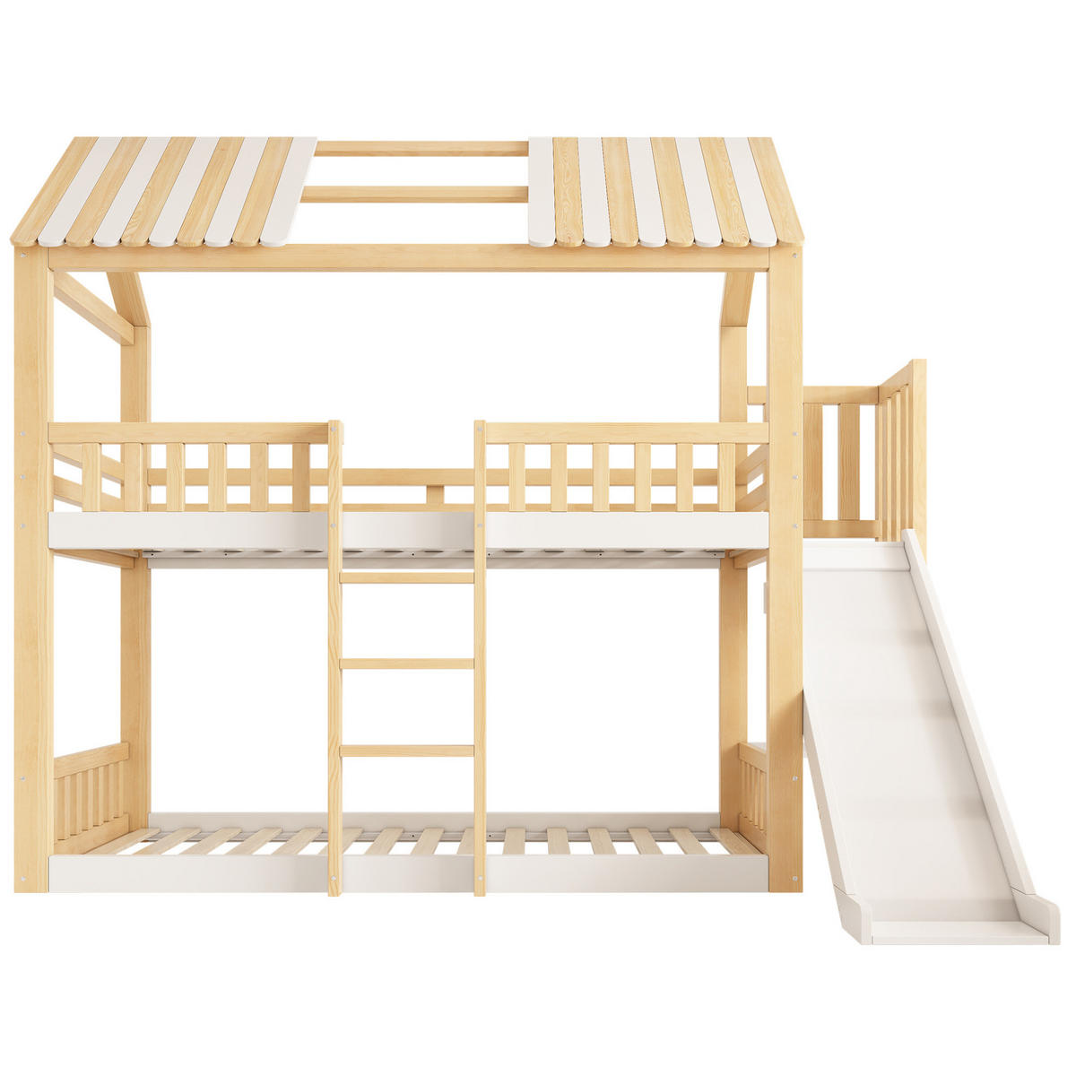ETAGENBETT 90/200 cm mit Giebeldach, Regal und Rutsche, Weiß/Natur - Naturfarben, Holzwerkstoff (90/200cm) - Redom