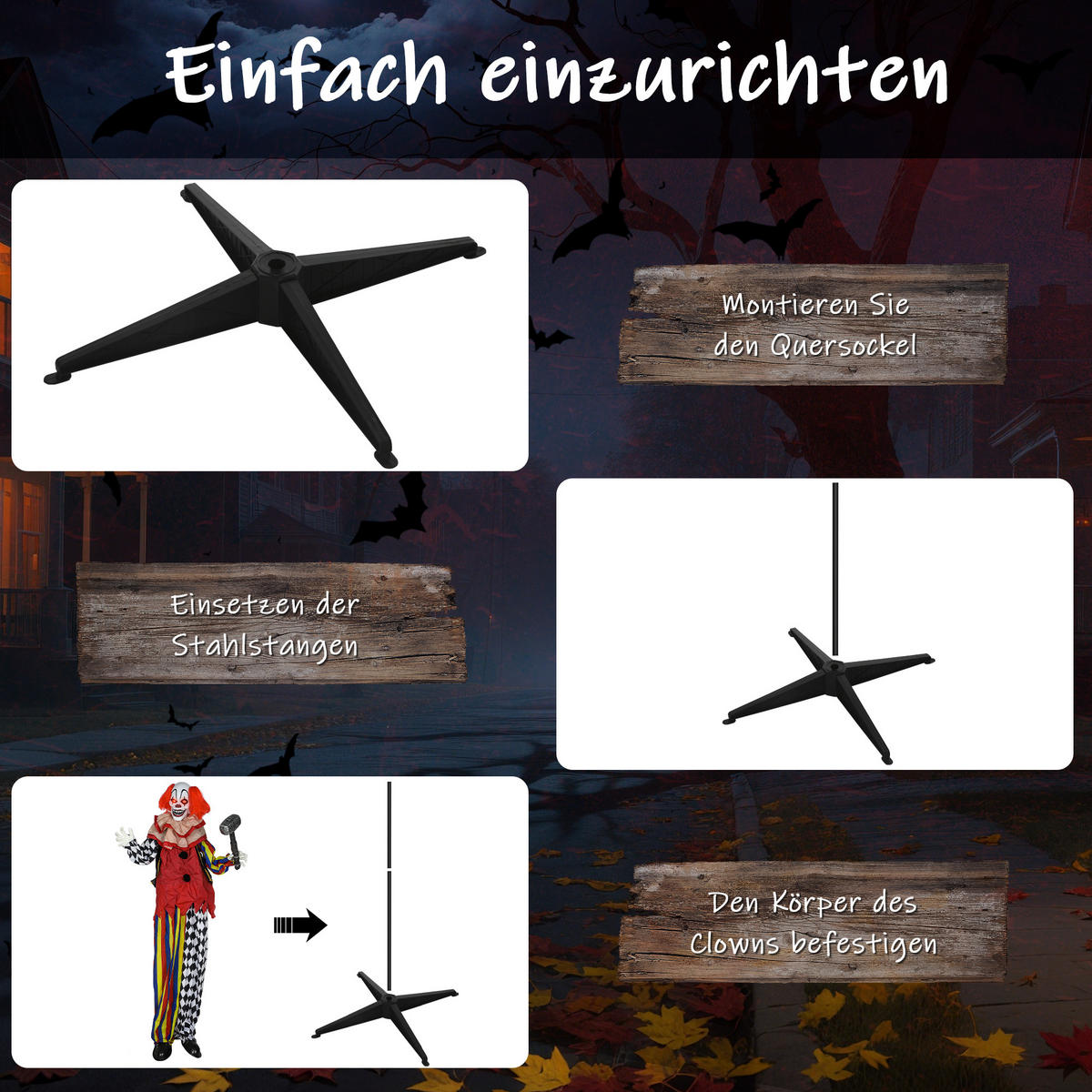 HALLOWEEN-DEKORATION Clown 173 cm mit leuchtenden Augen sprachgesteuert - Multicolor, Metall (18/173/90cm) - Outsunny