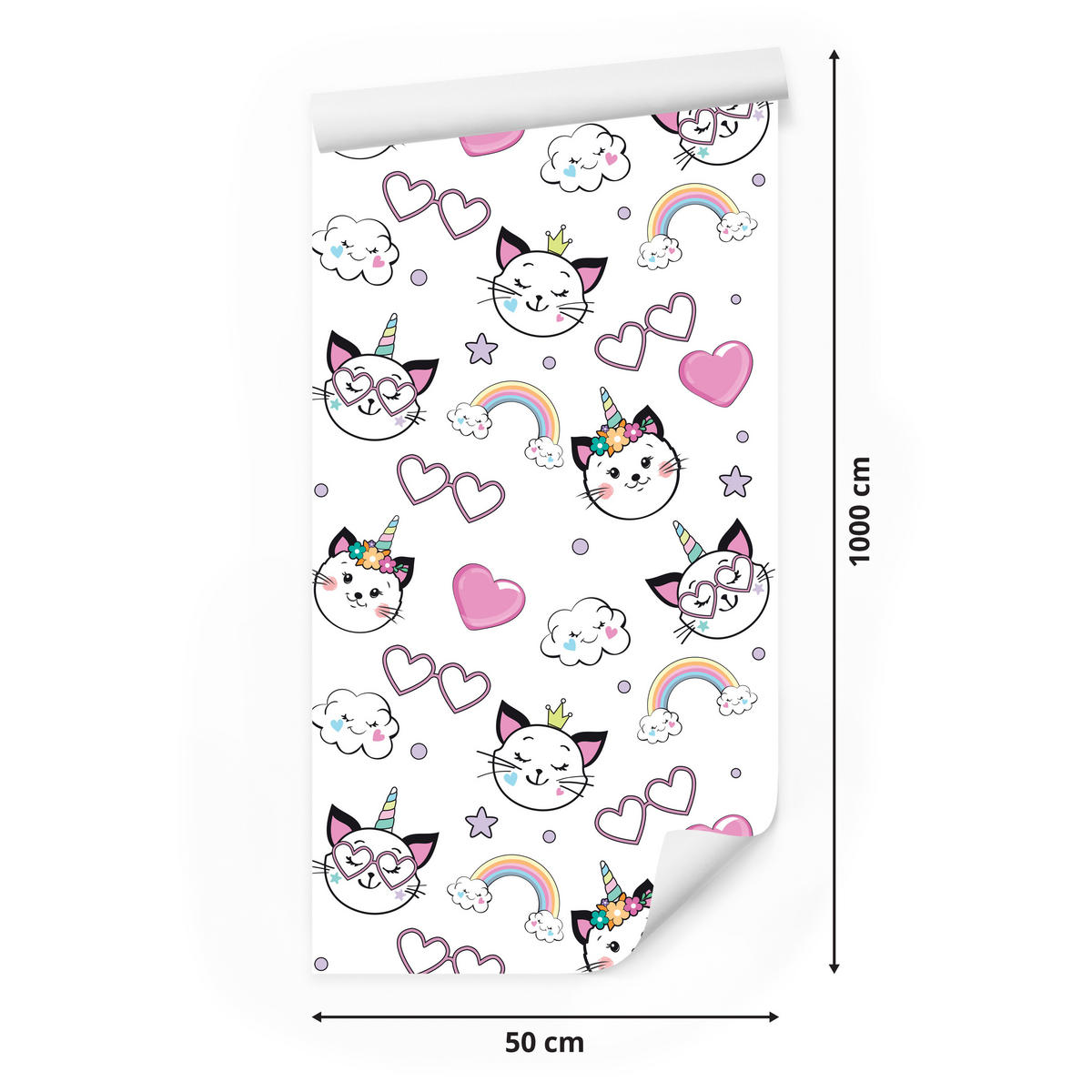 VLIESTAPETE Katzen, Regenbogen und Herzen – Rosa, Schwarz, Weiß – 50x1000 cm - Schwarz/Rosa, Papier (50/1000cm) - Muralo