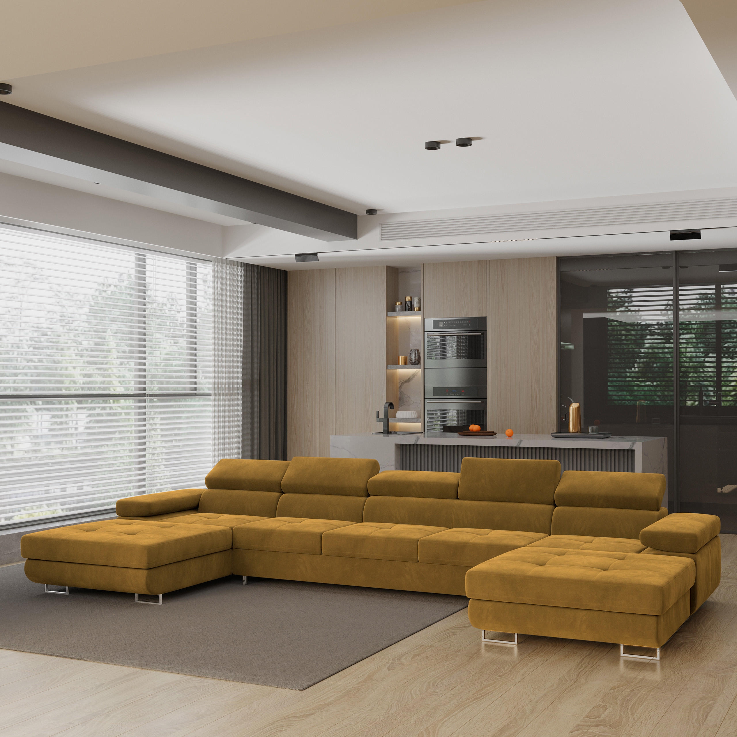 WOHNLANDSCHAFT OMBRA Gelb Velours-Stoff mit Schlaffunktion - Gelb, Holz (425/90/202cm) - MASSENO