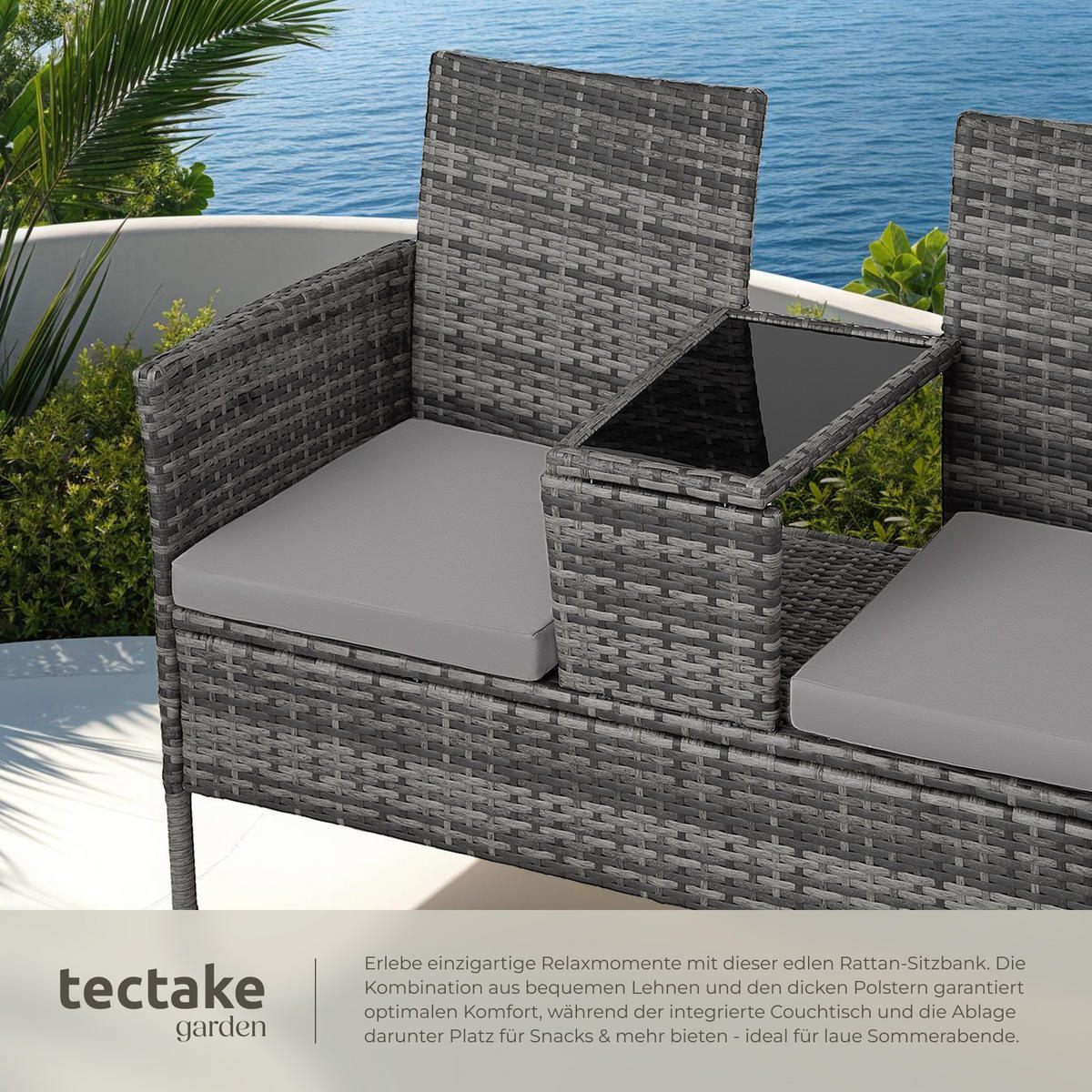 RATTAN GARTENSITZBANK Narbonne,131 x 59 x 82 cm,grau/hellgrau - Grau, Kunststoff (61/82/131cm) - tectake