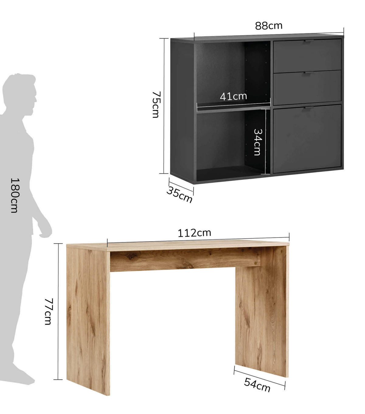 SCHREIBTISCH Der Produktive - Eichefarben/Schwarz, Holzwerkstoff (54/112/77cm) - Mokebo
