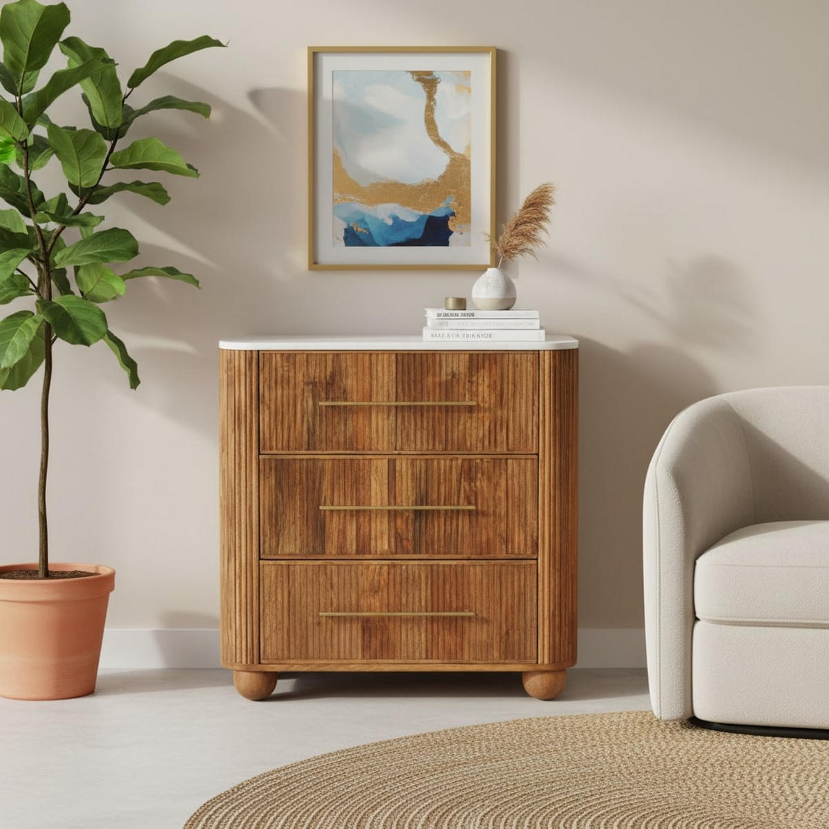 KOMMODE mit Golden-Teak-Finish, 3 Schubladen, T-Bar-Griffe, braun - Braun, Holz (74/78/34cm) - Artisan Furniture