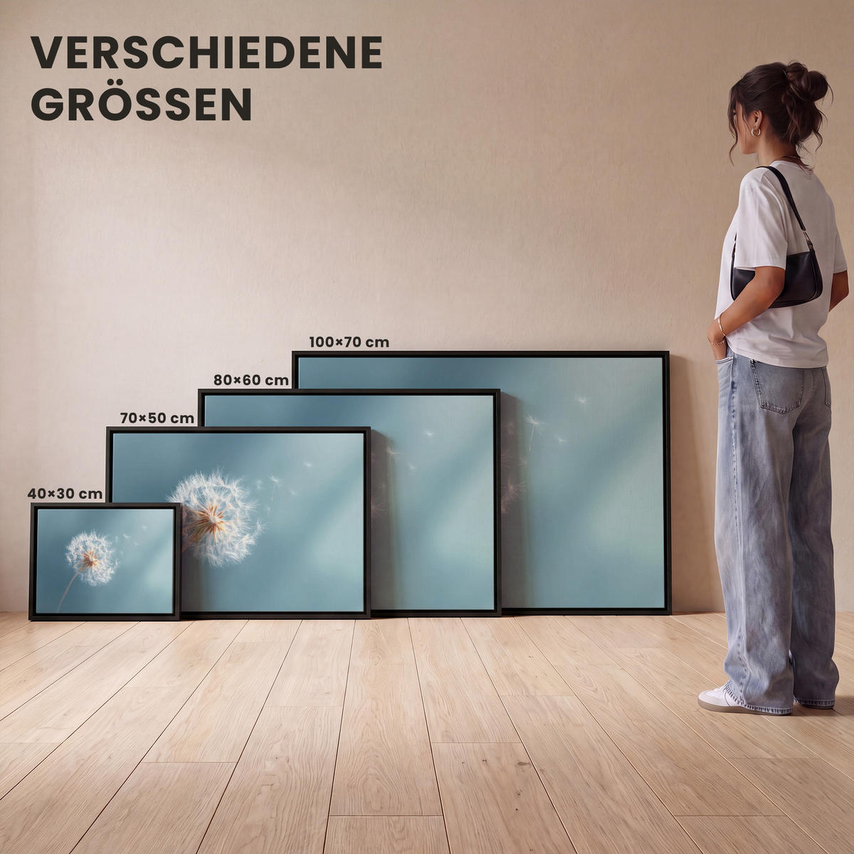 LEINWAND Bilder mit Rahmen - Löwenzahn - Wind - Blau - 40x30 - Blaugrau, Textil (40/30cm) - MuchoWow