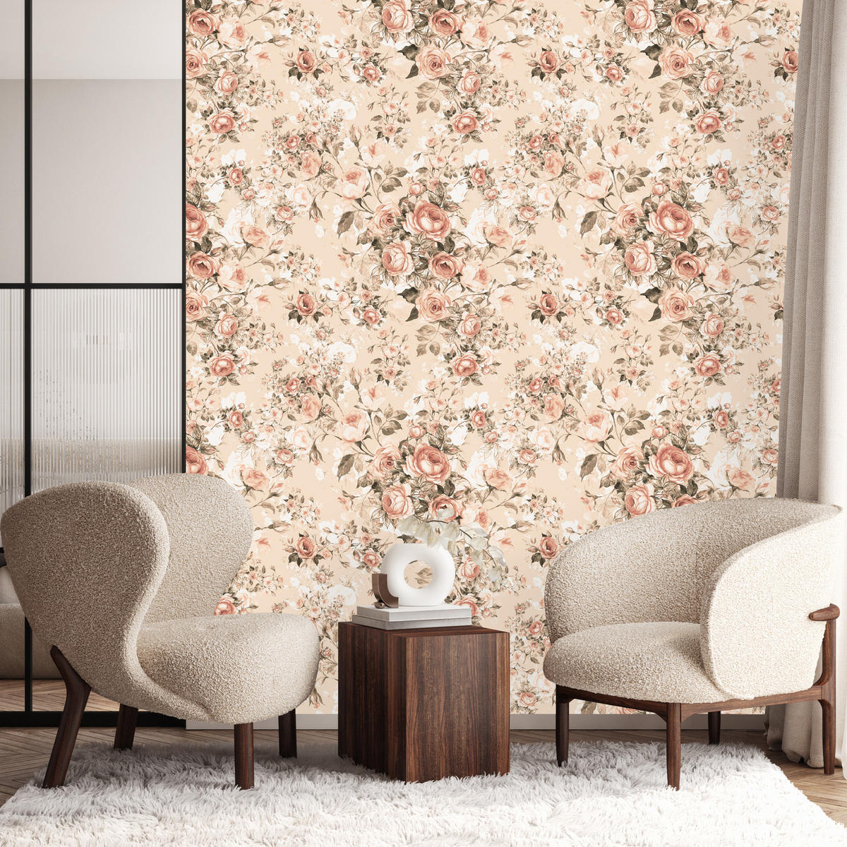 VLIESTAPETE Rosen im Retro-Stil – Rosa, Beige – 50x1000 cm - Beige/Rosa, Papier (50/1000cm) - Muralo