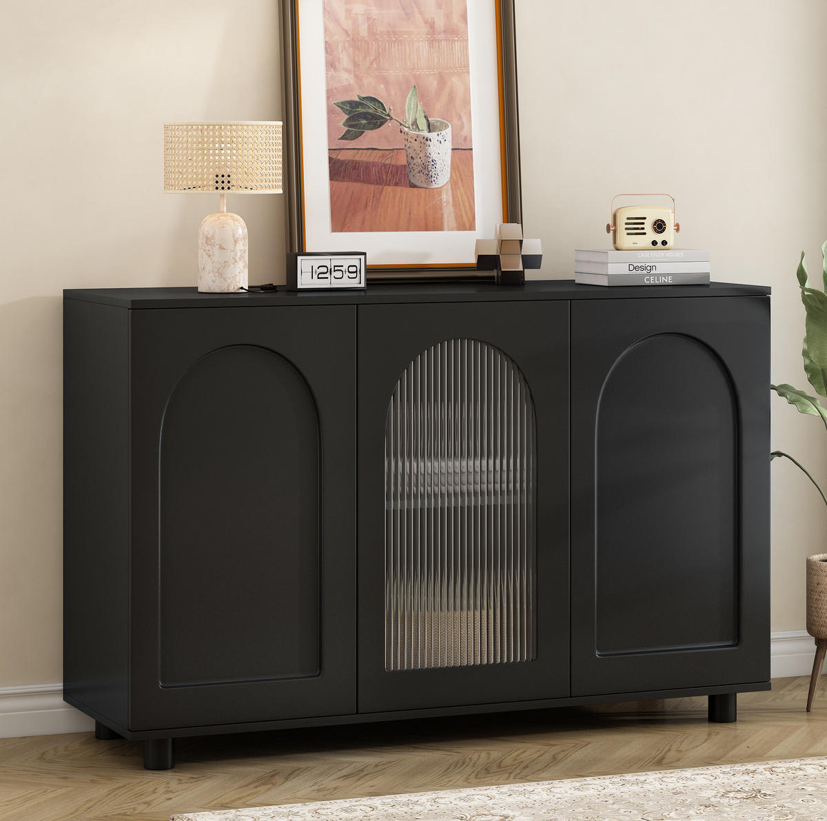 SIDEBOARD aus MDF 120x40x78 cm Schwarz mit Glaseinsatz, verstellbaren Einlegeböden und Push-to-Open-Mechanismus - Schwarz, Holzwerkstoff (120/78.5/40cm) - Modfu