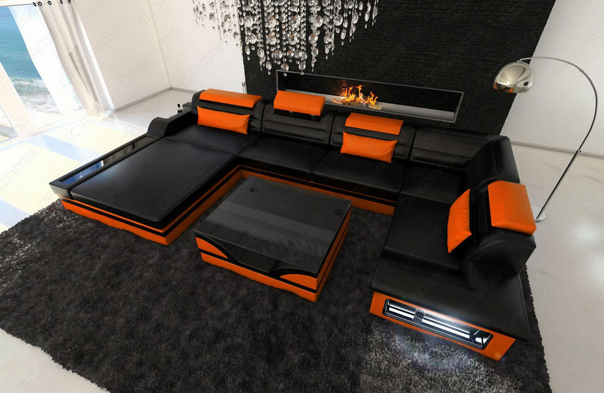SOFA Mezzo U Schwarz Orange Ledermix - Schwarz, Textil (372/78/214cm)