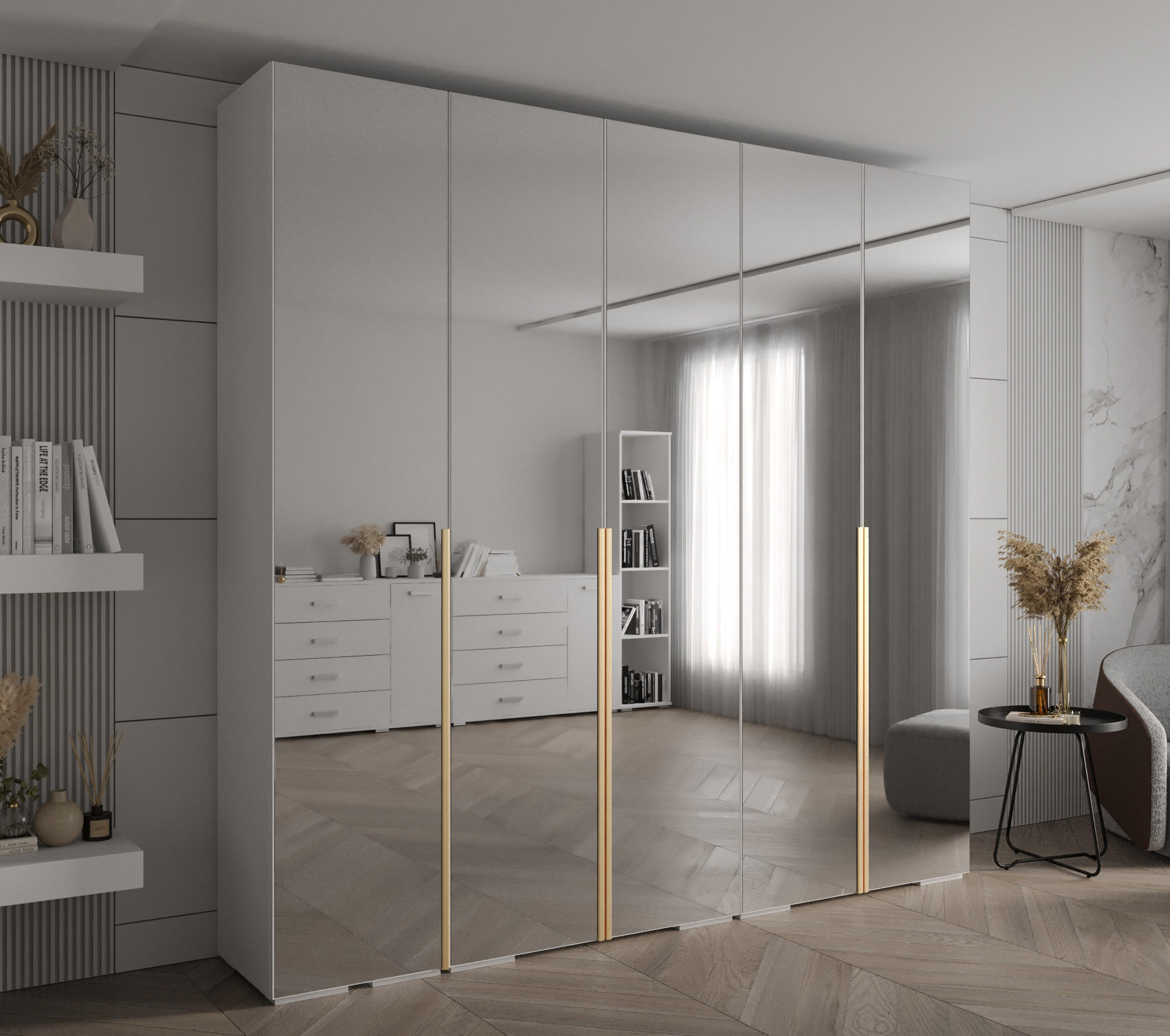 DREHTÜRENSCHRANK 236.7/250/47 5-türig - Goldfarben/Weiß, Holz/Metall (250/236.7/47cm) - Abiks Möbel
