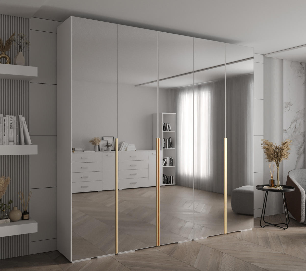 DREHTÜRENSCHRANK 236.7/250/47 5-türig - Goldfarben/Weiß, Holz/Metall (250/236.7/47cm) - Abiks Möbel