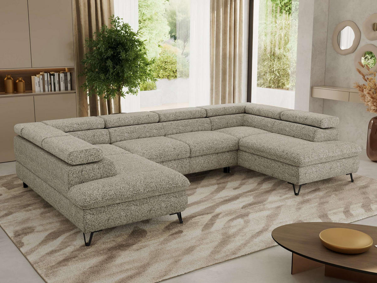 WOHNLANDSCHAFT PABLO U Strukture Beige mit Topper Visco - Beige/Schwarz, Textil/Metall (346/76/208cm) - MKS