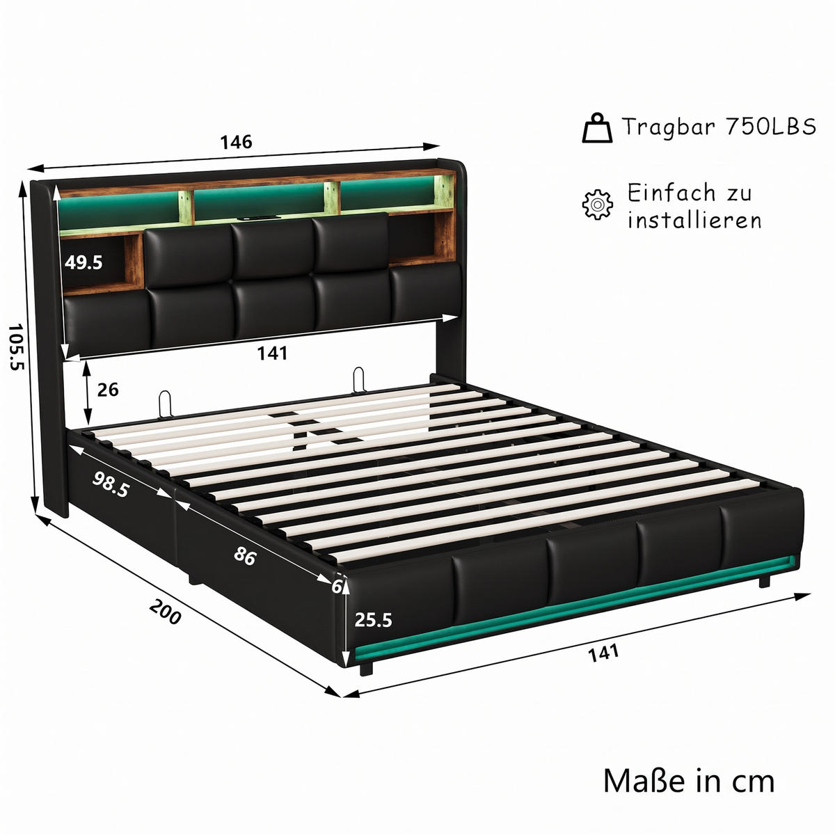 POLSTERBETT 140x200, Doppelbett mit Bettkasten, LED und USB, hydraulischer Stauraum, PU Schwarz - Schwarz, Leder/Holz (140/200cm) - GENKI LIVING