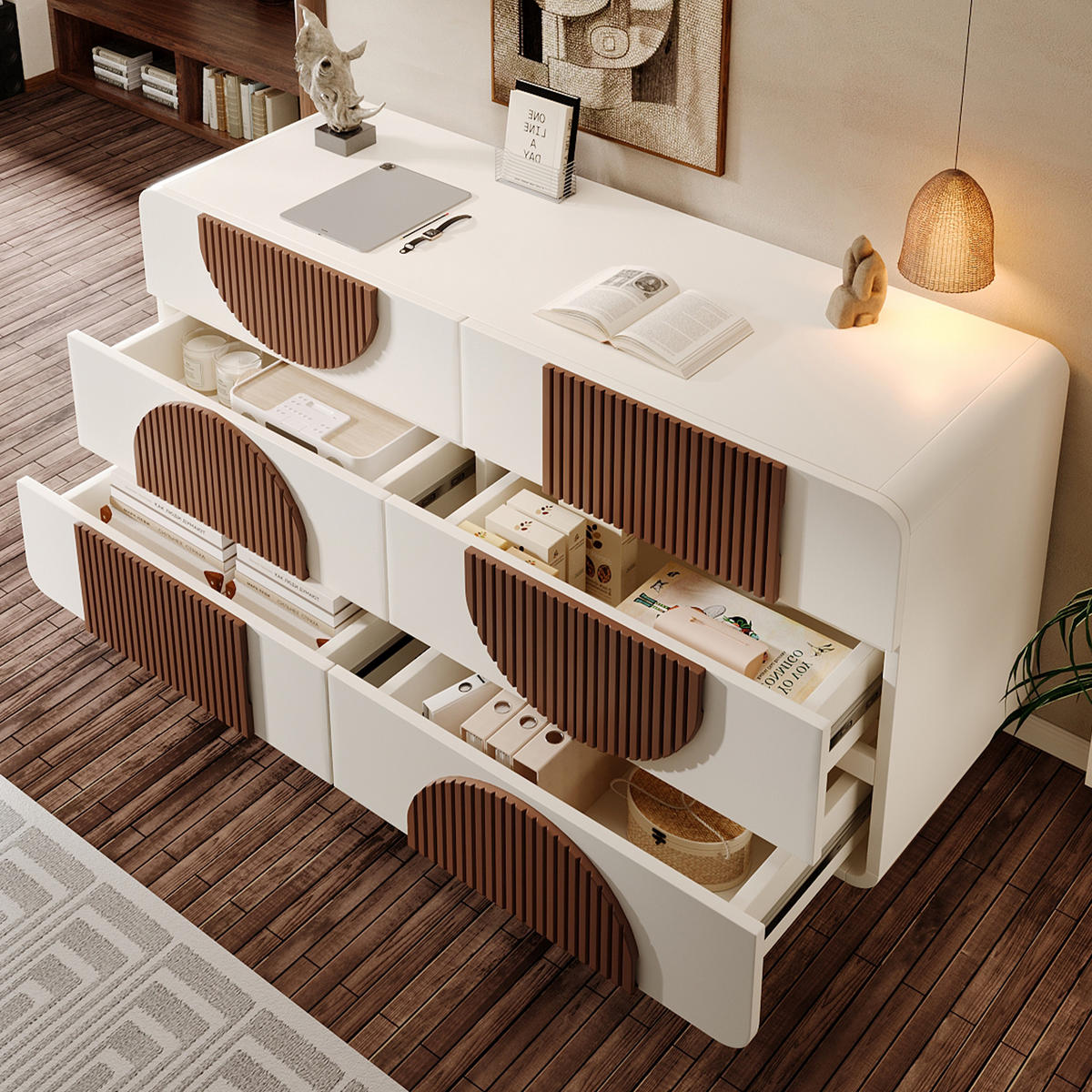 SIDEBOARD Weiß Holzleisten mit 6 Schubladen Geschwungenes Design 121×71 cm - Weiß, Holzwerkstoff (121/71/41cm) - Urban Meuble