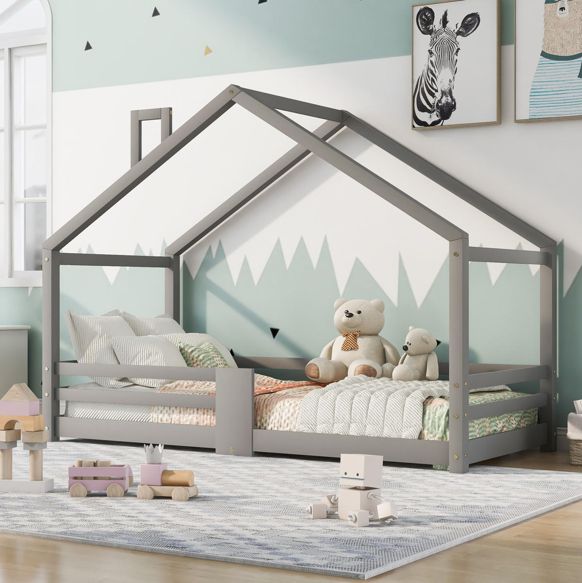 KINDEREINZELBETTEN aus Kiefernholz 90x200 cm in Grau mit Rausfallschutz - Grau, Holz (90/200cm) - Modfu