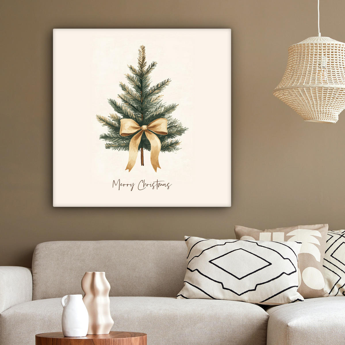 LEINWANDBILD Weihnachtsbaum - Weihnachten - Frohe Weihnachten - Beige 90x90 cm - Sandfarben, Textil (90/90cm) - MuchoWow