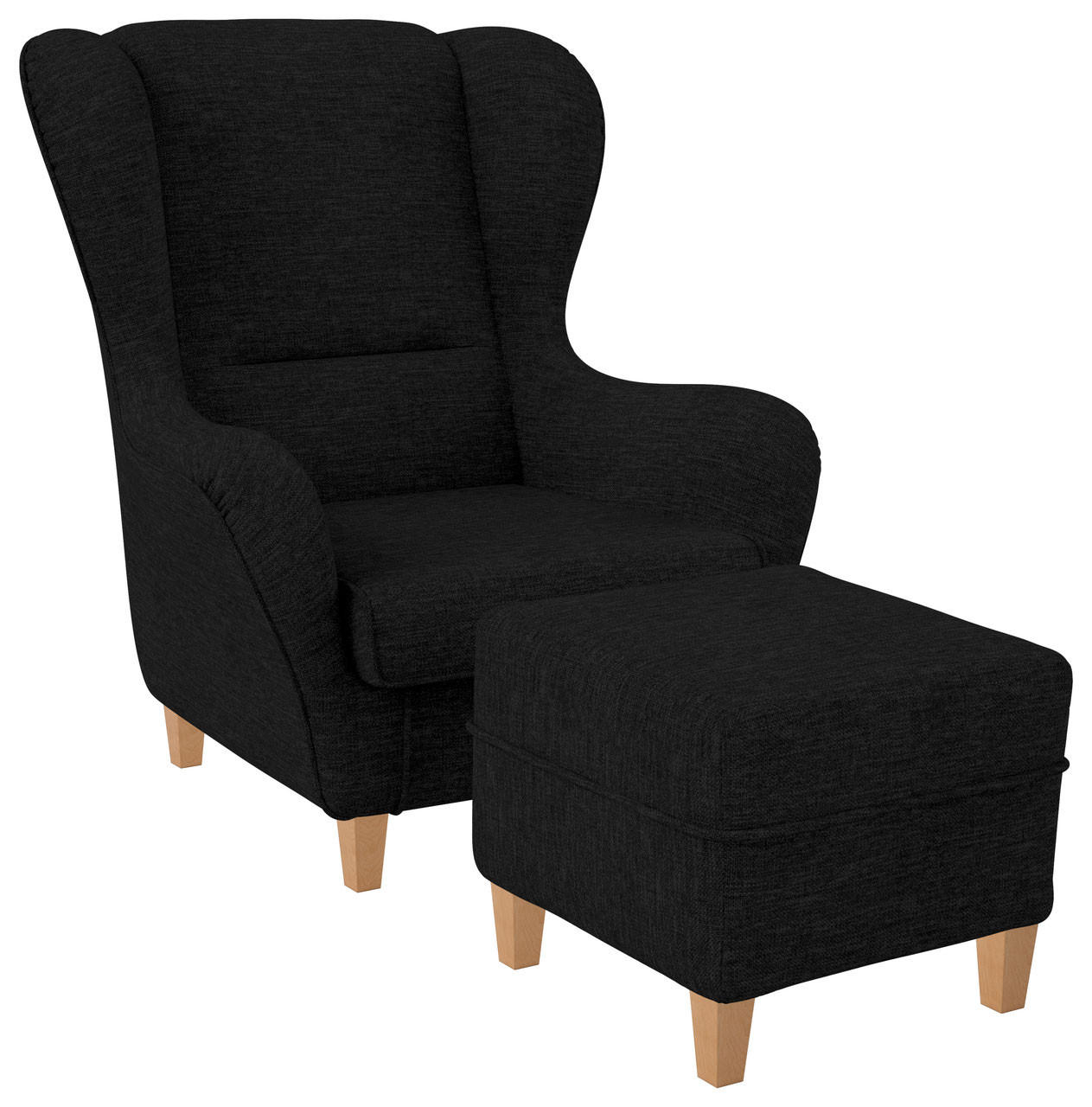 OHRENSESSEL Sofia Relaxsessel mit Hocker | Design Webstoff Vienna Schwarz - Schwarz Hochglanz, Holz/Textil (92/68/95cm) - Supellex
