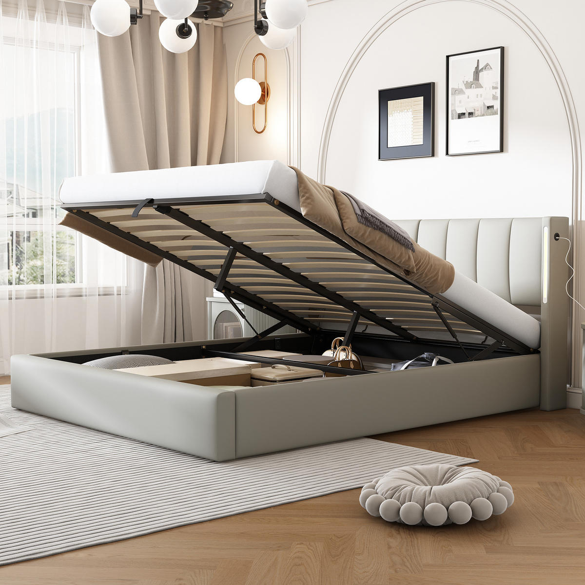 ČALOUNĚNÁ postel 140/190 cm z PU v bílé barvě, s LED osvětlením, USB a úložným prostorem - šedá, plast (140/190cm) - BEAOK