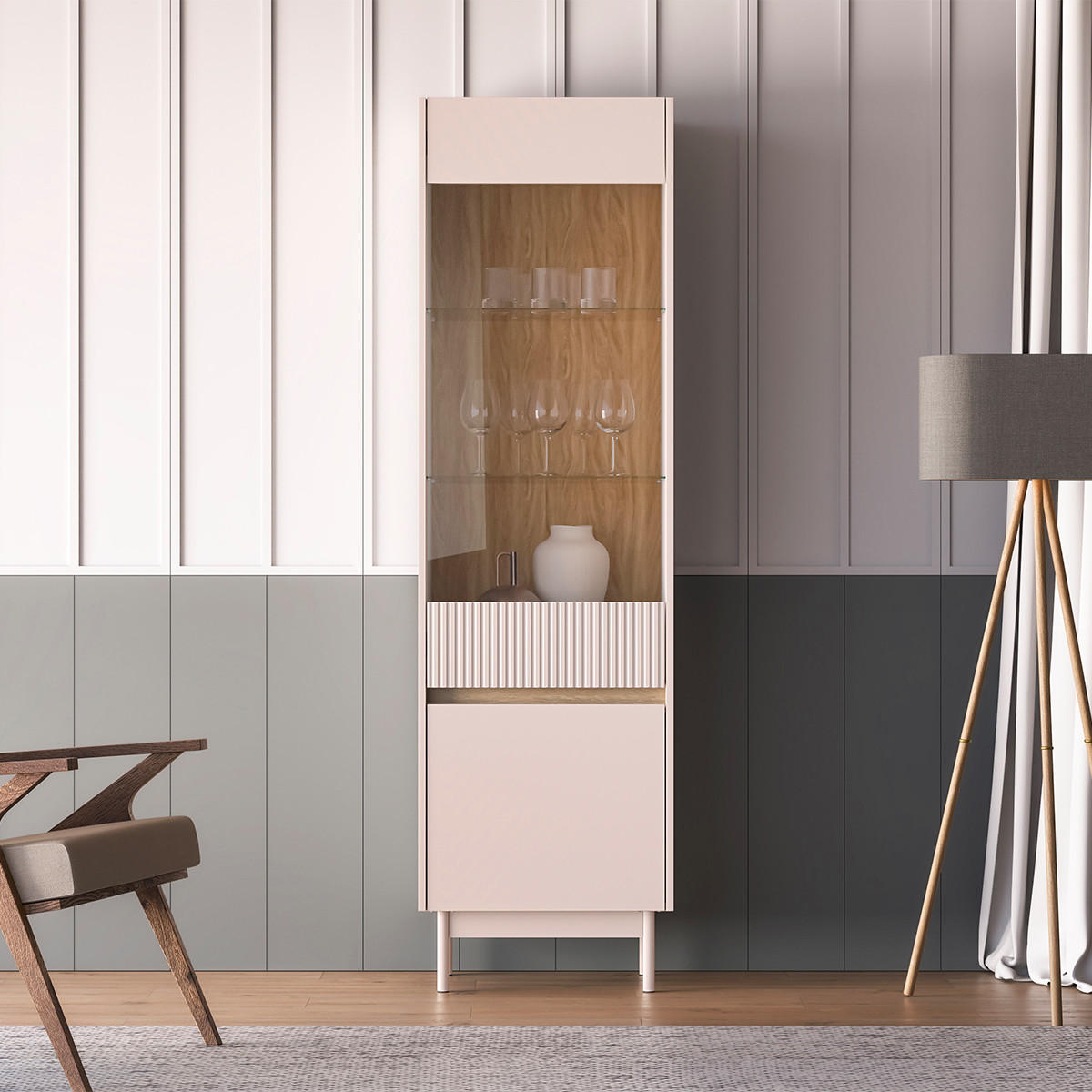 VITRÍNA Connie Kašmír a dřevo - béžová, kompozitní dřevo (54.9/192.8/40cm) - Petits-meubles