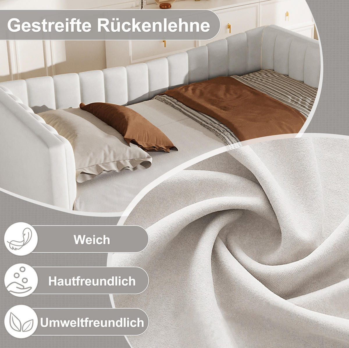 POLSTERBETT aus Samt 90x200 cm Weiß mit ausziehbarem Rollbett und multifunktionalem Daybed-Design - Weiß, Textil (180/200cm) - Modfu