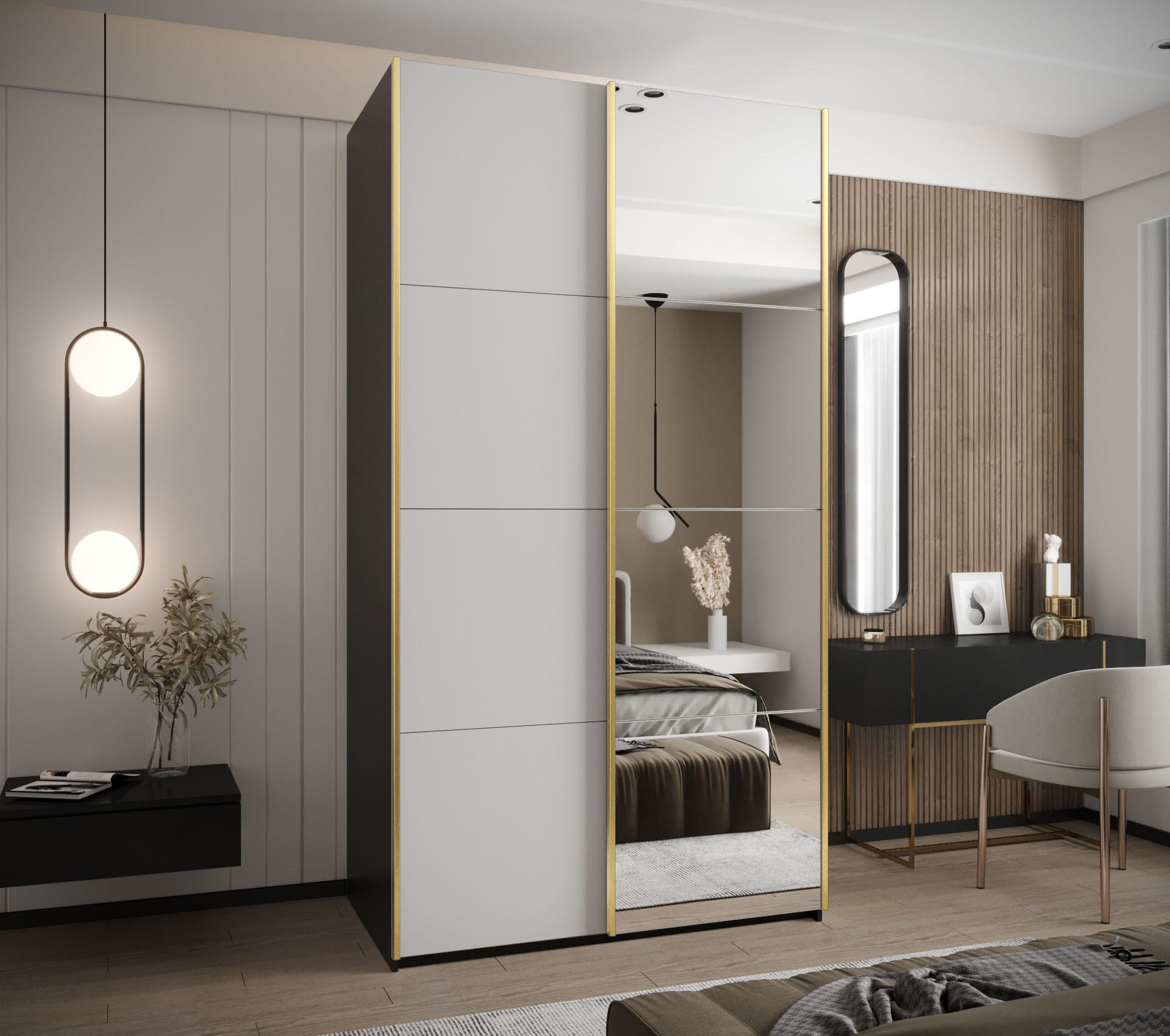 SCHWEBETÜRENSCHRANK 245,5/140/64 2-türig - Goldfarben/Schwarz, Holz/Metall (140/245/64cm) - Abiks Möbel