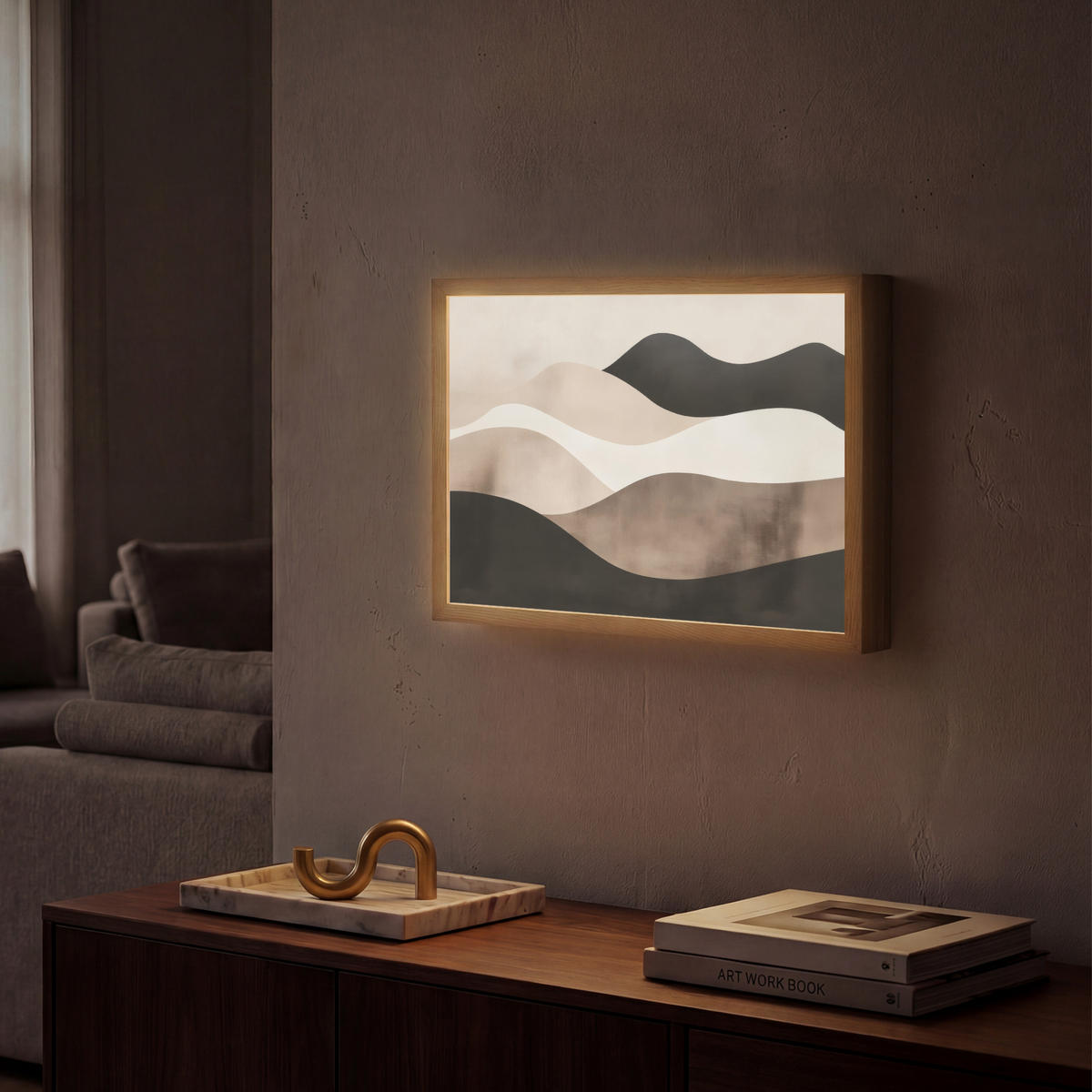 NÁSTĚNNÁ LAMPA S AKUMULÁTOREM Abstraktní - Krajina - Vlny - Krémová barva 40x30 cm - šedohnědá, kompozitní dřevo (40/30/8cm) - OnlyWow