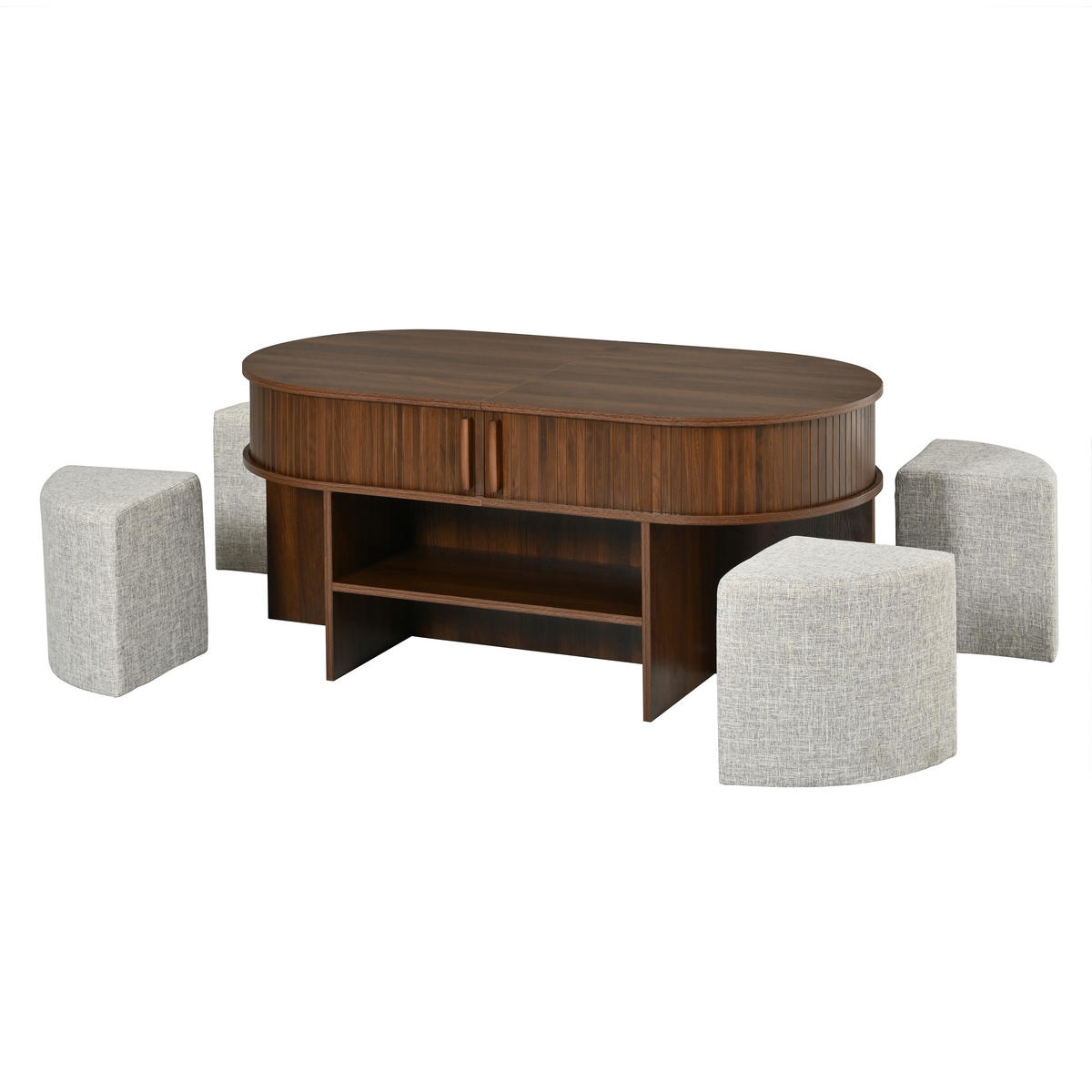 COUCHTISCH Oval Nussbaum mit Stoffhockern Schiebetüren & Rillenoptik - Walnussfarben, Holzwerkstoff (60/120/51.5cm) - Urban Meuble