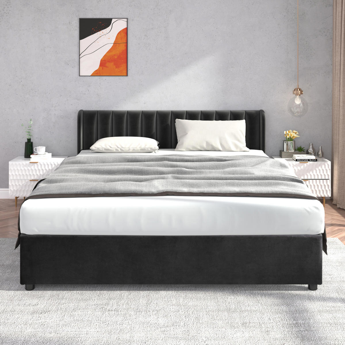 POLNJENA postelja iz žameta 180x200 cm črna z letvenim dnom in 2 predaloma - črna, tekstil (180/200cm) - Modfu