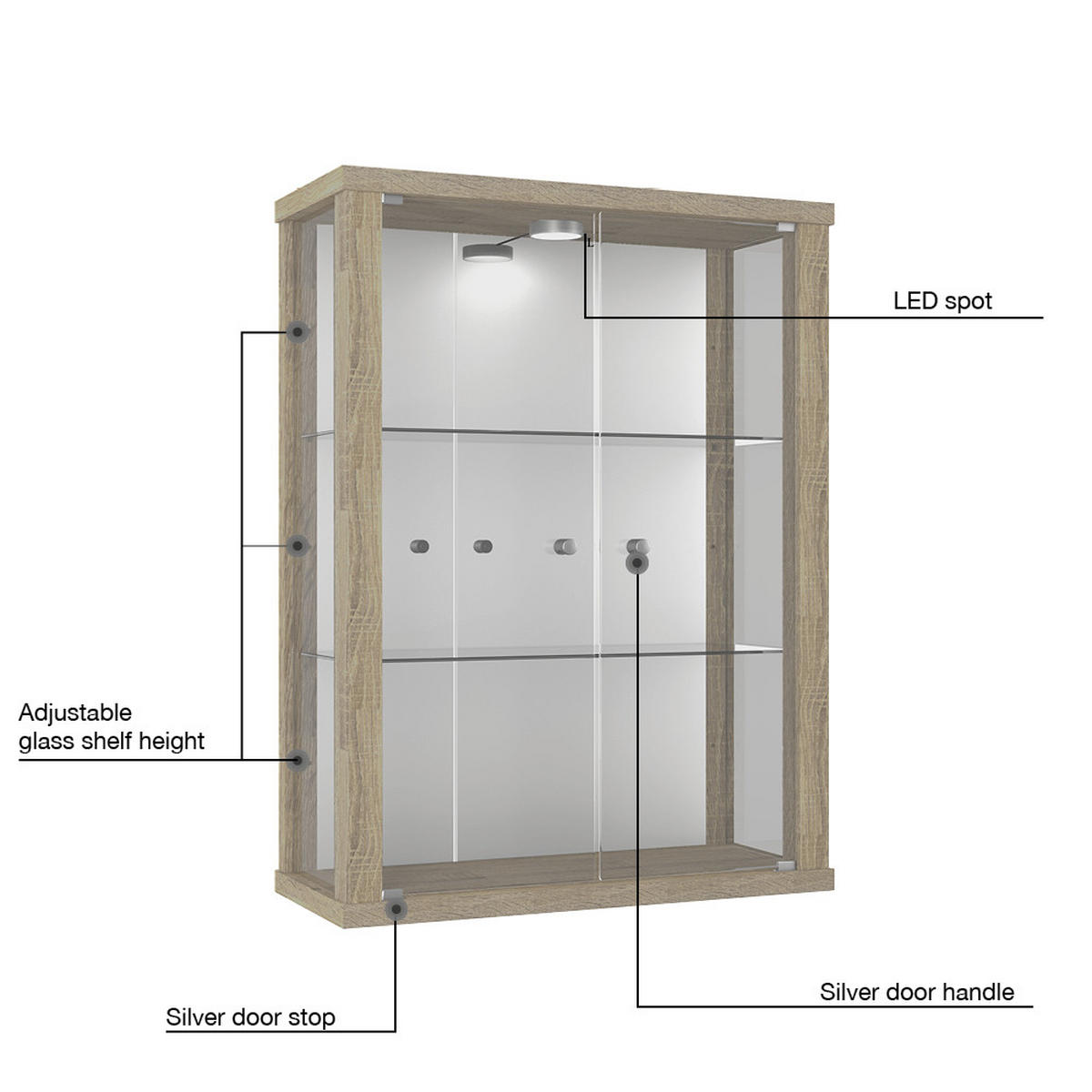 HÄNGEVITRINE 25/60/80 cm mit Spiegel, LED & 2 höhenverstellbaren Glasböden - Transparent/Silberfarben, Glas/Holzwerkstoff (60/80/25cm) - K-Möbel
