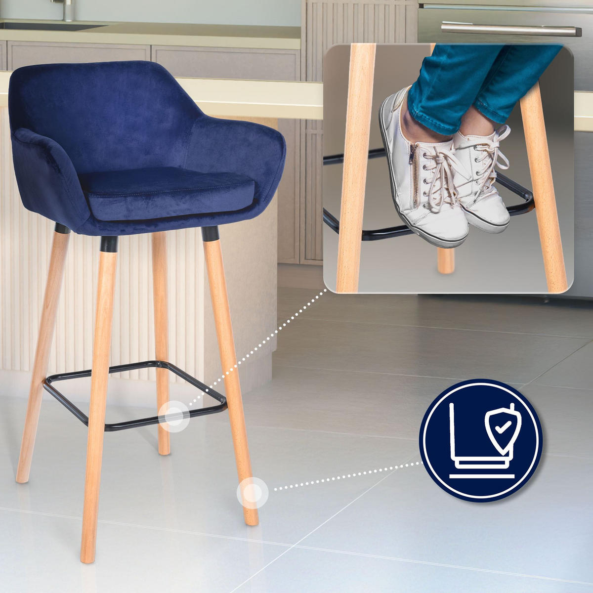 BARHOCKER Samt dunkelblau - Eukalyptusholzfarben/Dunkelblau, Holz/Textil (51/101/50cm) - CLP