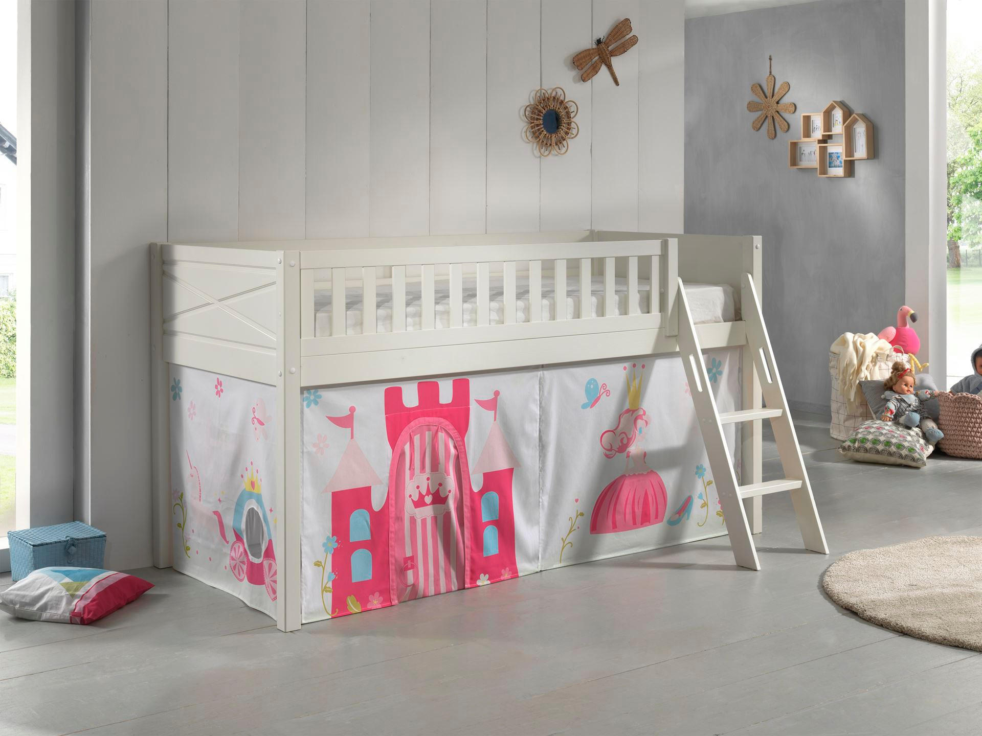 KINDERBETT Karyl 208x114x135 Massivholz Weiß Textilset Princess 1 - Magenta/Weiß, Holz (90/200cm) - 58aufmkessel
